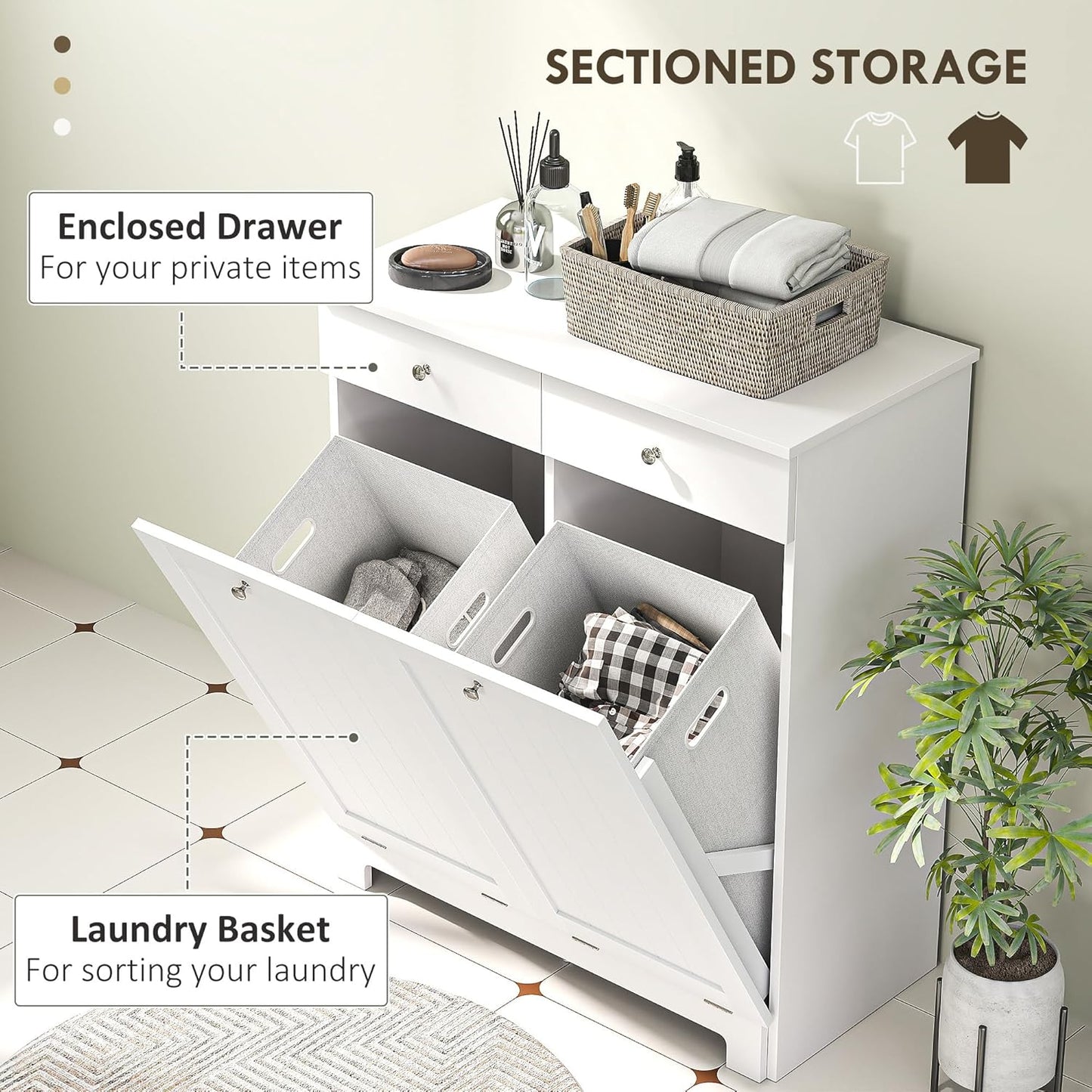 HOMCOM Laundry Hamper Cabinet with 2 Removable Baskets, Tilt Out Laundry Hamper Cabinet with 2 Drawers and 2 Beadboard Doors, Laundry Cabinet Bathroom Storage Cabinet, White