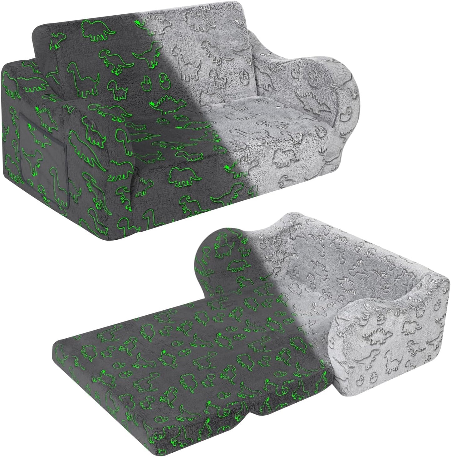 Kids Extra Wide Glow in The Dark Chairs for Toddler, 2-in-1 Toddler Soft Sherpa Couch Fold Out, Convertible Sofa to Lounger for Girls and Boys, Dark Grey