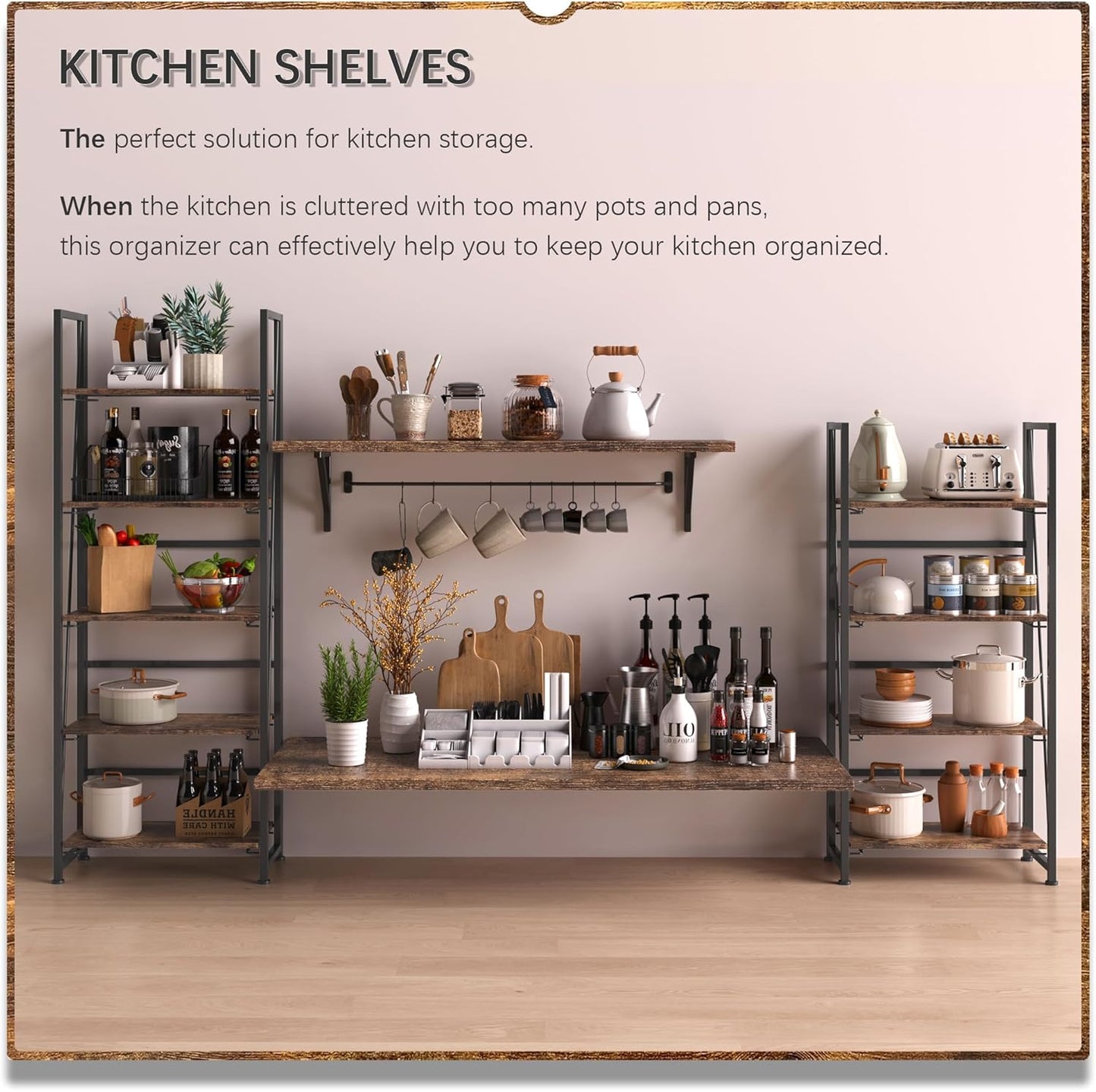 4NM No Assembly Foldable Bookshelf, 5-Shelf Collapsible Bookcase Storage for Small Spaces, 62.2" H, Rustic Brown and Black