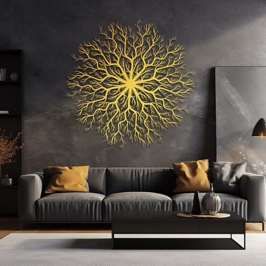 Tree of Life Metal Wall Art, Metal Tree Wall Art, Large Round Sculpture, Round Branch Wall Decor, Large Branch Artwork, Nature Sign, Wall Decor for Living Room, Housewarming Gift (Gold, 39"x39"|100x100cm)