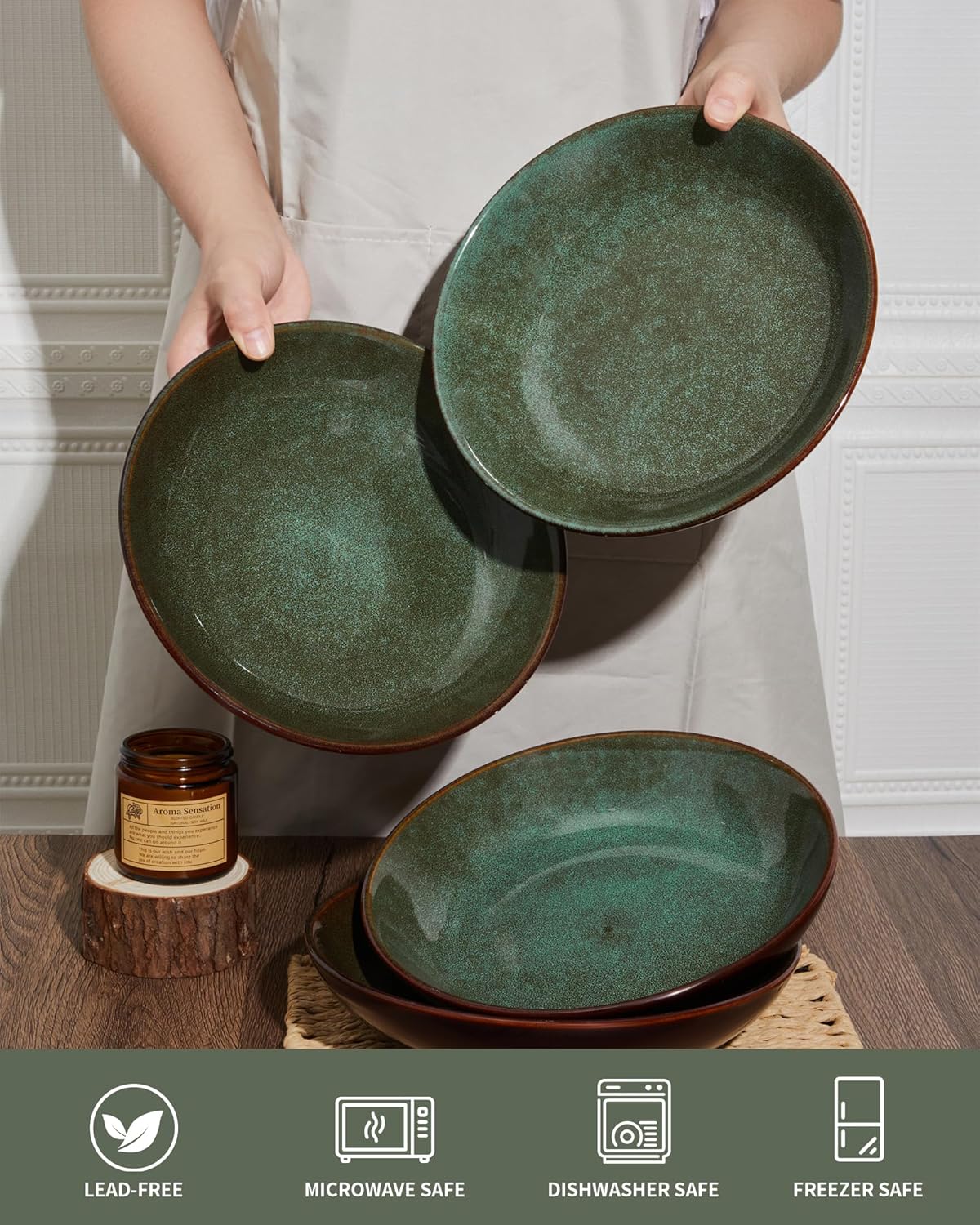 16 Piece Double Bowl Dinnerware Sets with Pasta Bowls, Highly Chip and Crack Resistant Plates and Bowls Sets, Natural Earthyware Ceramic Dishware Sets, Service for 4 Sage Green
