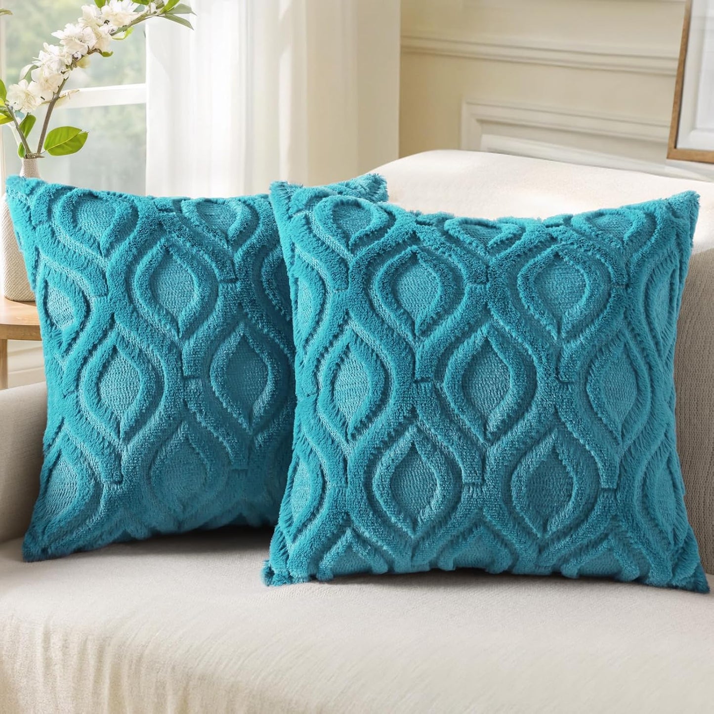 decorUhome Fall Throw Pillow Covers 22x22 Inch Set of 2, Soft Plush Decorative Faux Fur Teal Solid Couch Pillow Covers, Accent Farmhouse Neutral Square Euro Pillow Cases for Sofa Bed Living Room