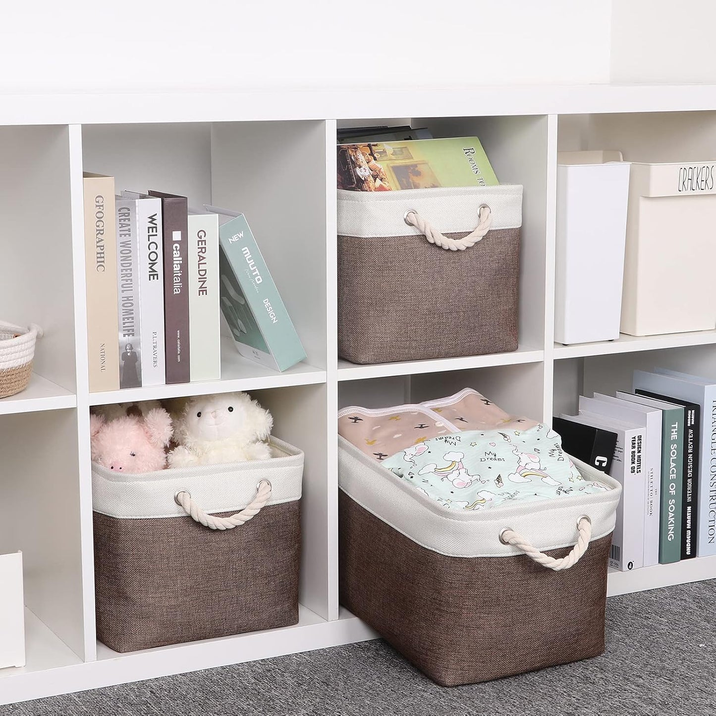 Bidtakay Baskets Fabric Storage Bins for Shelves [3-Pack] Decorative Storage Baskets for Organizing 15 X 11 X 9.5 inches Nursery Closet Foldable Toy Storage Closet Organizer Brown