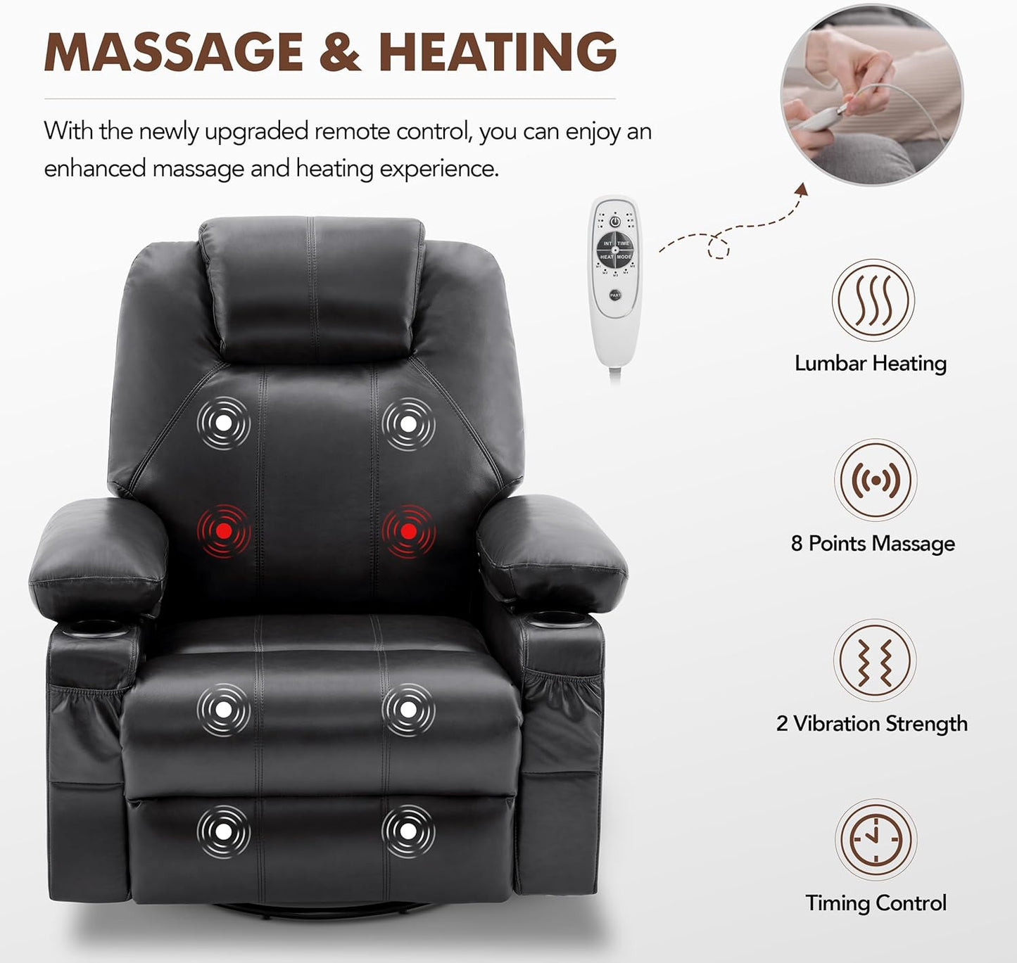 Swivel Rocker Recliner Chair with Heat and Massage, 360 Degree Swivel Rocking Single Sofa with Cup Holders and USB Port, Large Big Recliner Chair for Living Room (Leather, Black)