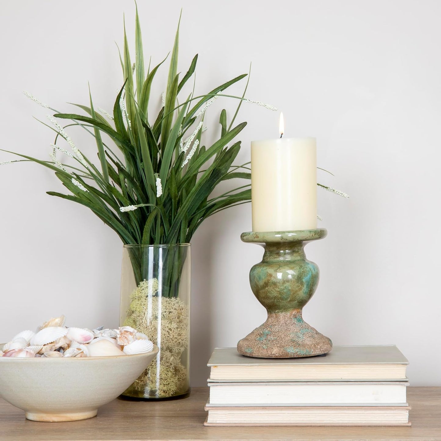 Creative Co-Op 2-Tone Sculptural Terracotta Pillar Candle Holder, Distressed Green