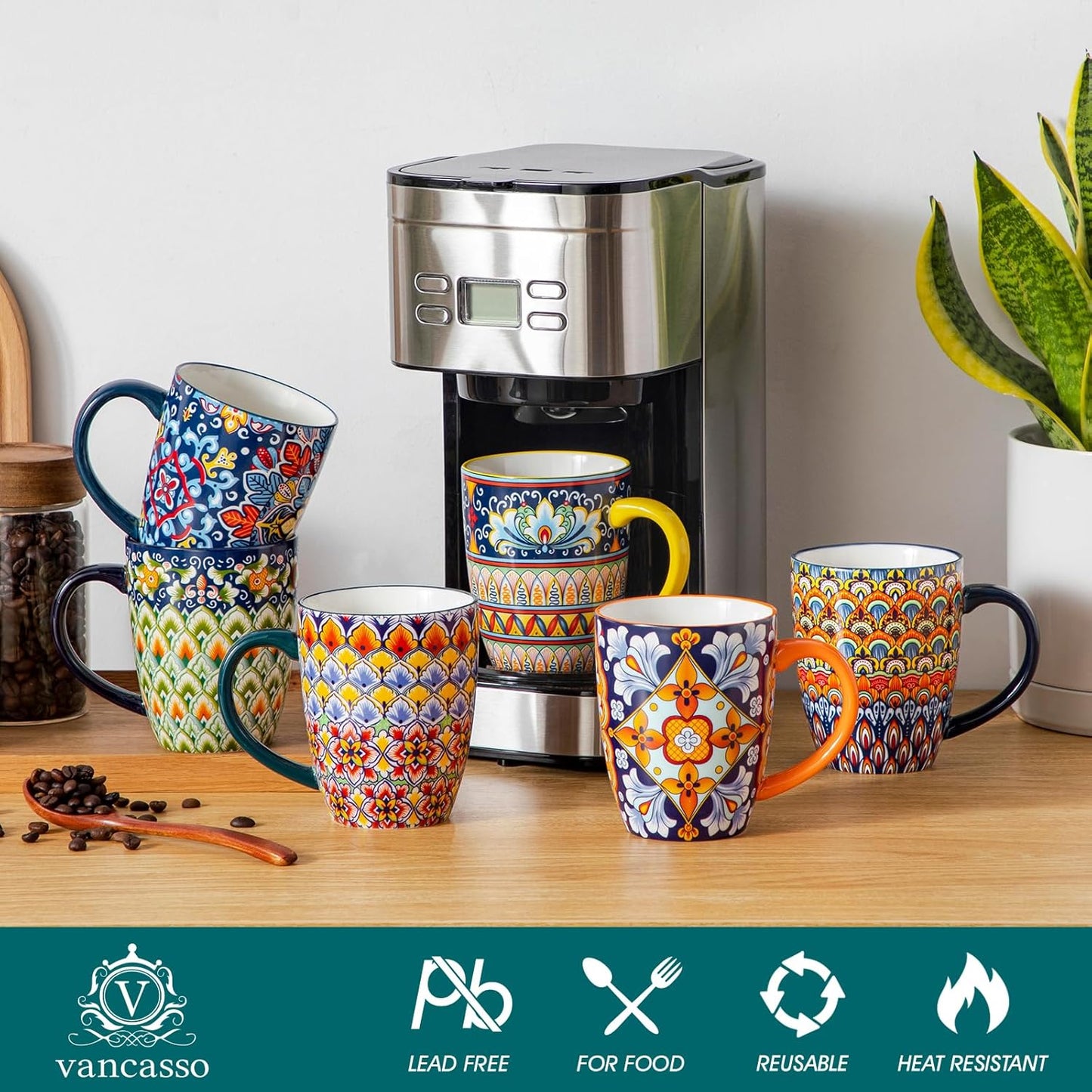 vancasso 16 oz Coffee Mugs Set of 6, Large Ceramic Mug with Handle, Boho Coffee Cups for Latte, Cappuccino & Hot Chocolate, Dishwasher & Microwave Safe Gift Set, Series SIMI