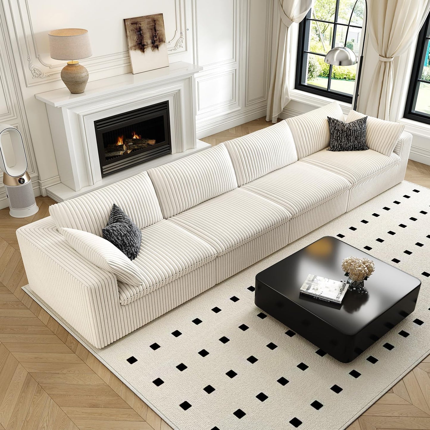 157.5" Cloud Couch Modular Sectional Sofa for Living Room,Modern Sofa with Deep Seat，4 Seater Boneless Couch,Comfy Upholstered Corduroy Couches for Apartment, Studio, Office,Bedroom，White