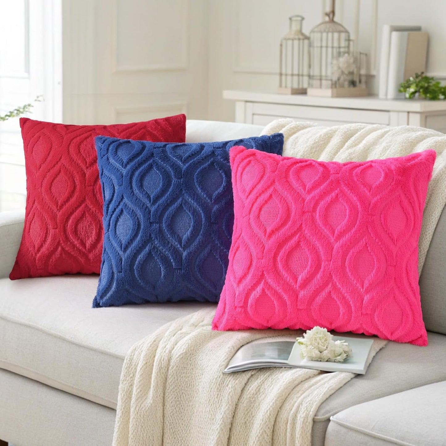 decorUhome Fall Throw Pillow Covers 16x16 Inch Set of 2, Soft Plush Decorative Faux Fur Dark Blue Solid Couch Pillow Covers, Accent Farmhouse Neutral Square Euro Pillow Cases for Sofa Bed Living Room