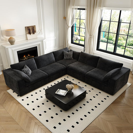 118" Cloud Couch Oversized Modular Sectional Sofa for Living Room,Modern Sofa with Deep Seat，V Shaped Boneless Couch,Comfy Upholstered Corduroy Couches for Apartment, Studio, Office,Bedroom，Black