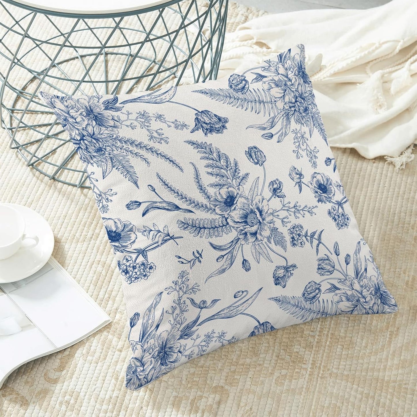 CXMEIFLY Spring Floral Leaves Pillow Covers 20 x 20 Inch Set of 2 for Chinoiserie Flowers Decor Throw Pillows Blue and White Seasonal Plant Outdoor Decorative Cushion Cases for Couch Bed Decorations