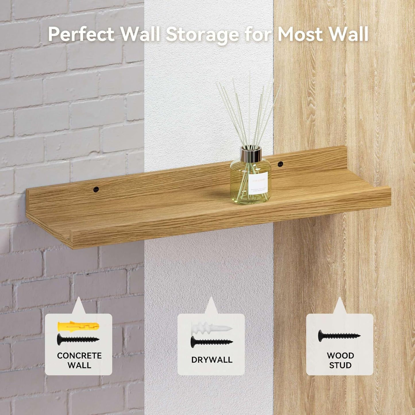 RICHER HOUSE 5 Set Floating Shelves for Wall Decor, Wall Mounted Book Shelf, Nursery Shelves Picture Ledge Shelf with Lip for Wall Storage, Bedroom, Living Room, Bathroom - Oak
