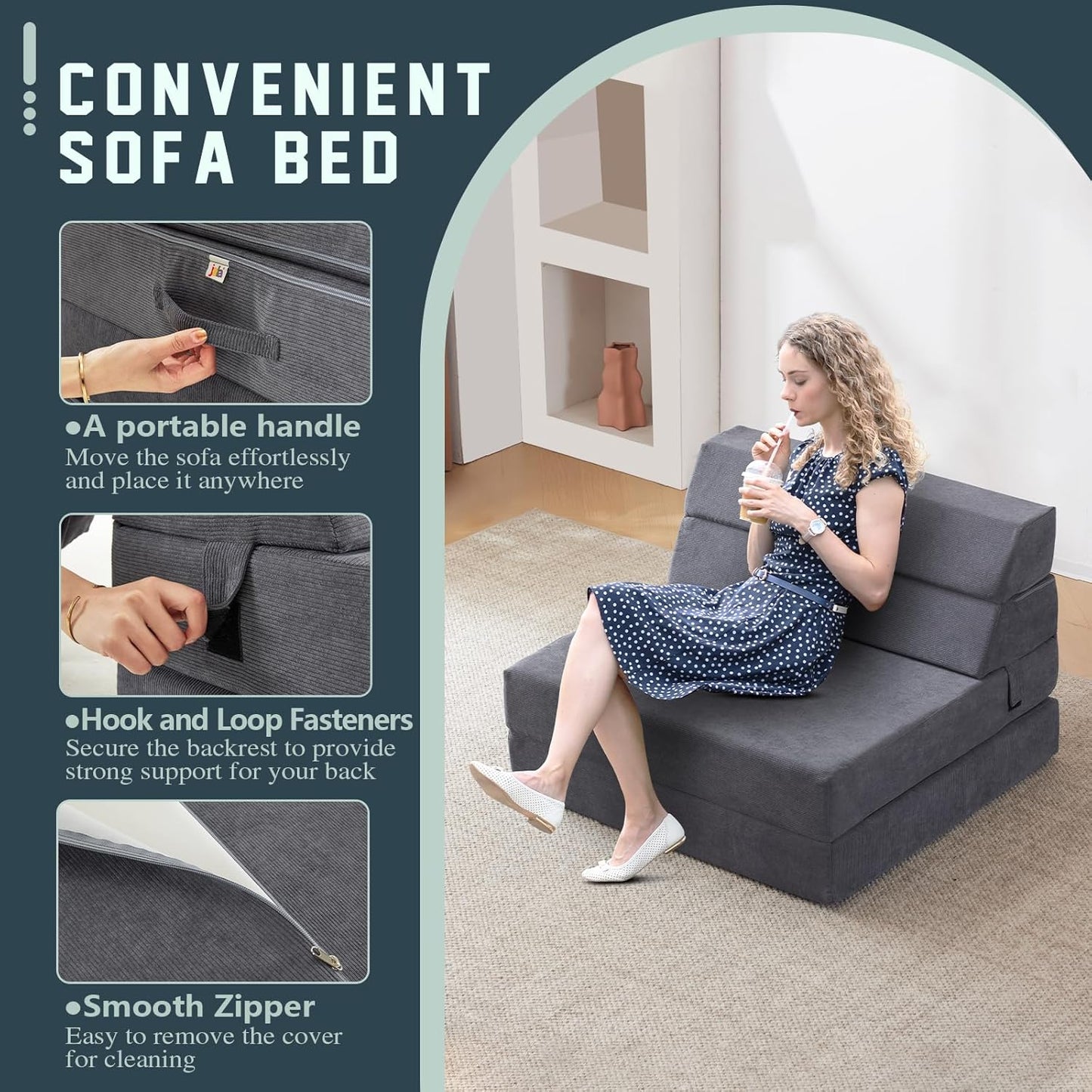 jela Foldable Sofa Bed Large Soft Foam Convertible Sleeper Chair Luxury Corduroy Fabric Fold Out Chair Bed Floor Couch with Back Support Floor Sofa for Living Room Bedroom (83"x33",Darkgrey)