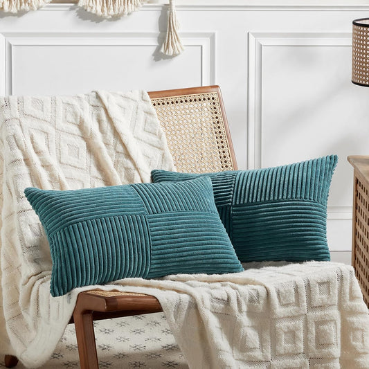 Fancy Homi 2 Packs Teal Lumbar Decorative Throw Pillow Covers 14x24 Inch for Living Room Couch Bed Sofa, Rustic Farmhouse Boho Home Decor, Soft Striped Corduroy Rectangle Accent Cushion Case 35x60 cm