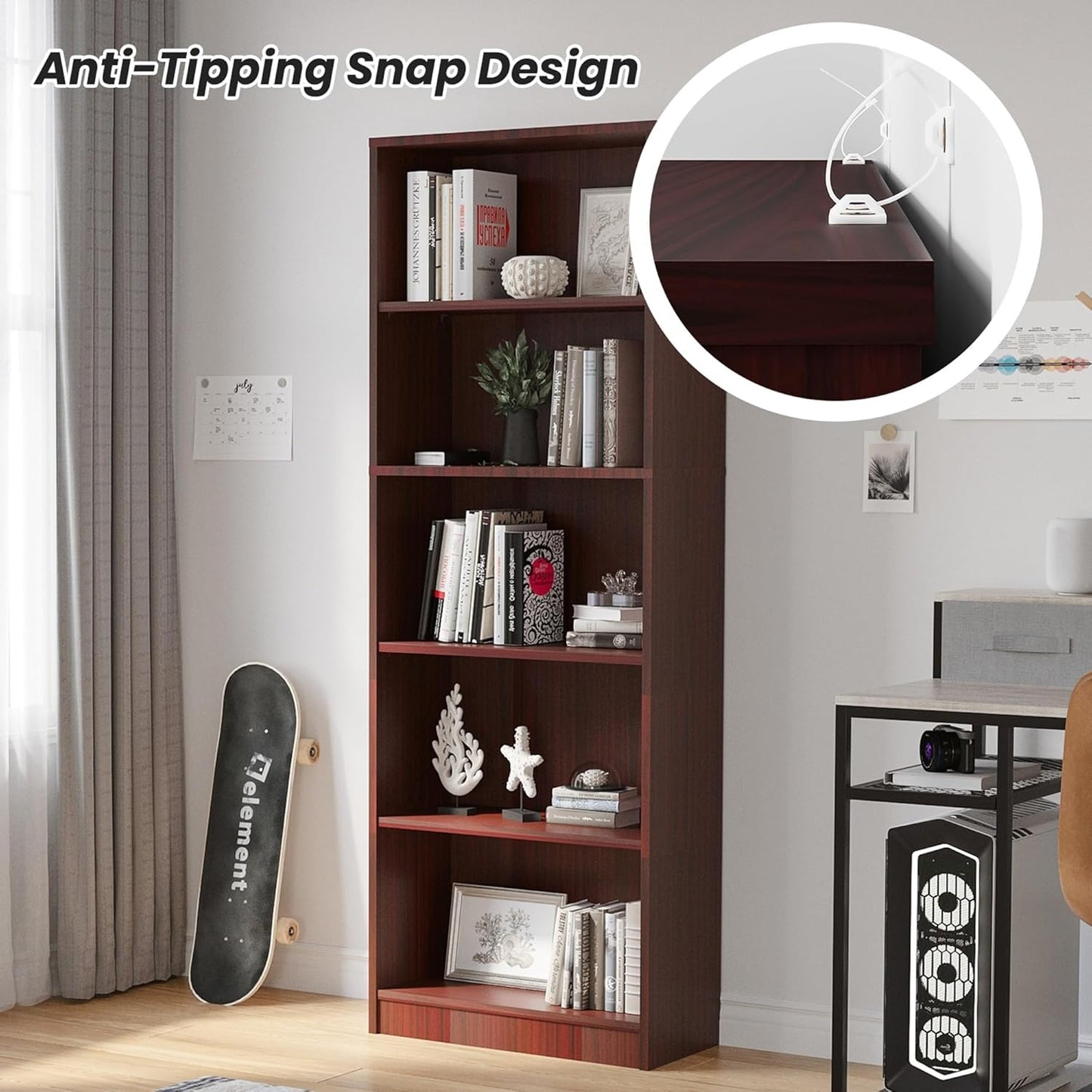 Bookshelf, Open Modern Bookshelf, 5 Shelf Bookcase with Freestanding Display Storage, Wooden Book Shelf for Bedroom, Living Room, Dinning Room, Office,Brown