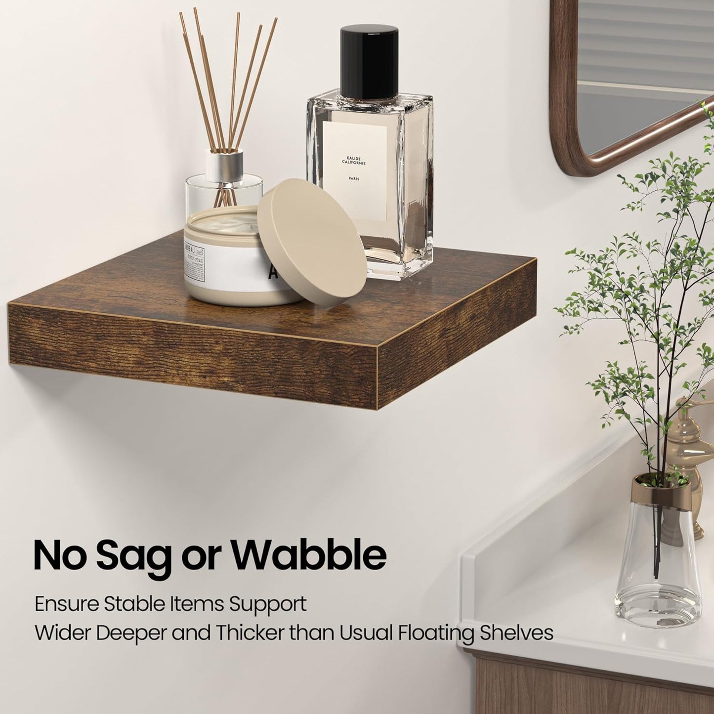 Square Floating Shelves for Wall, 12"W x 12"D x 1.2"H, Small Wooden Wall Mounted Display Shelf with Invisible Brackets for Living Room, Bedroom, Bathroom, Kitchen Decor, Set of 3, Rustic Brown