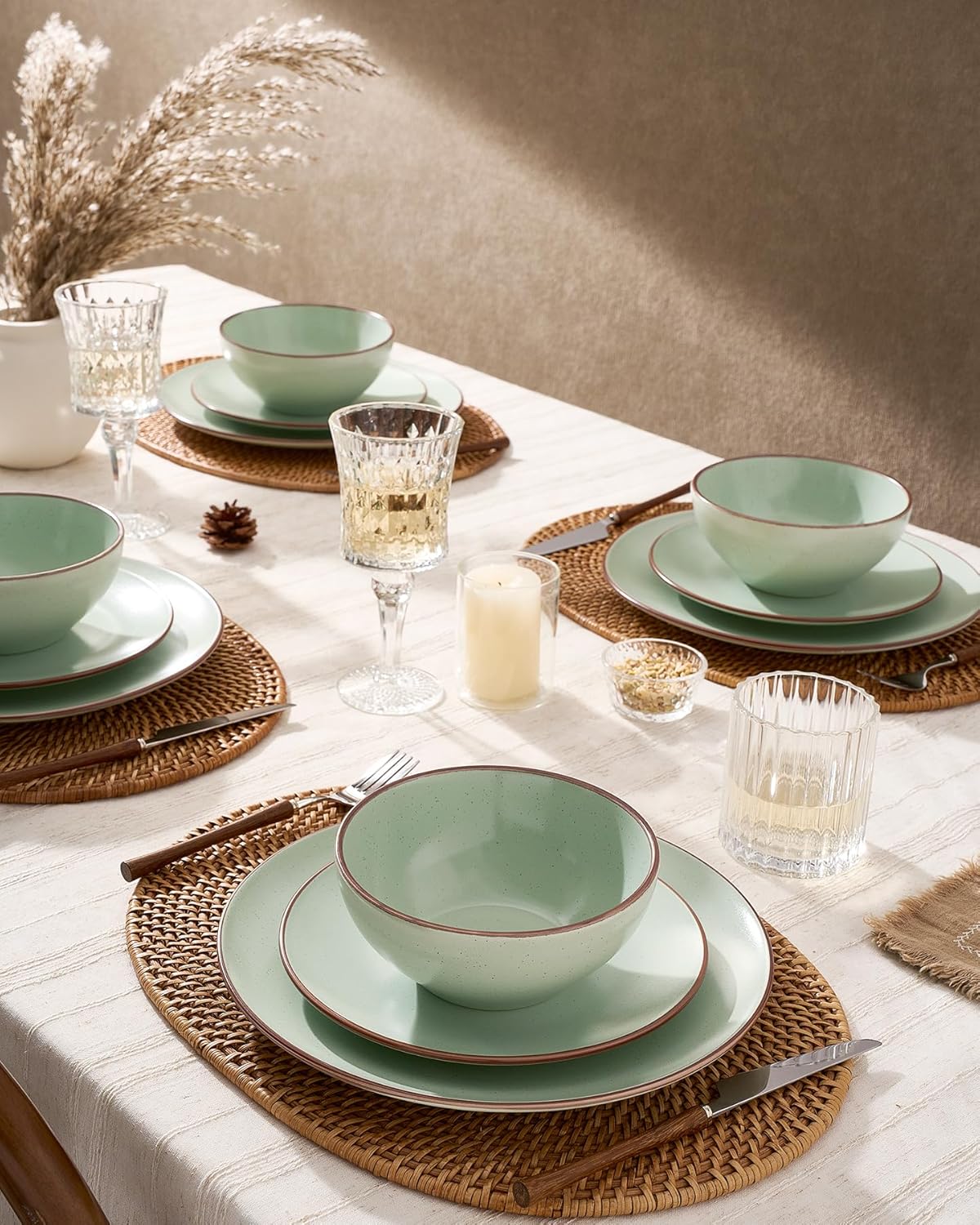 Famiware Venus Ceramic Plates and Bowls Sets, Speckled Dinnerware Dish Sets for 8 (24 Pieces) - Microwave and Dishwasher Safe, Matte Light Green