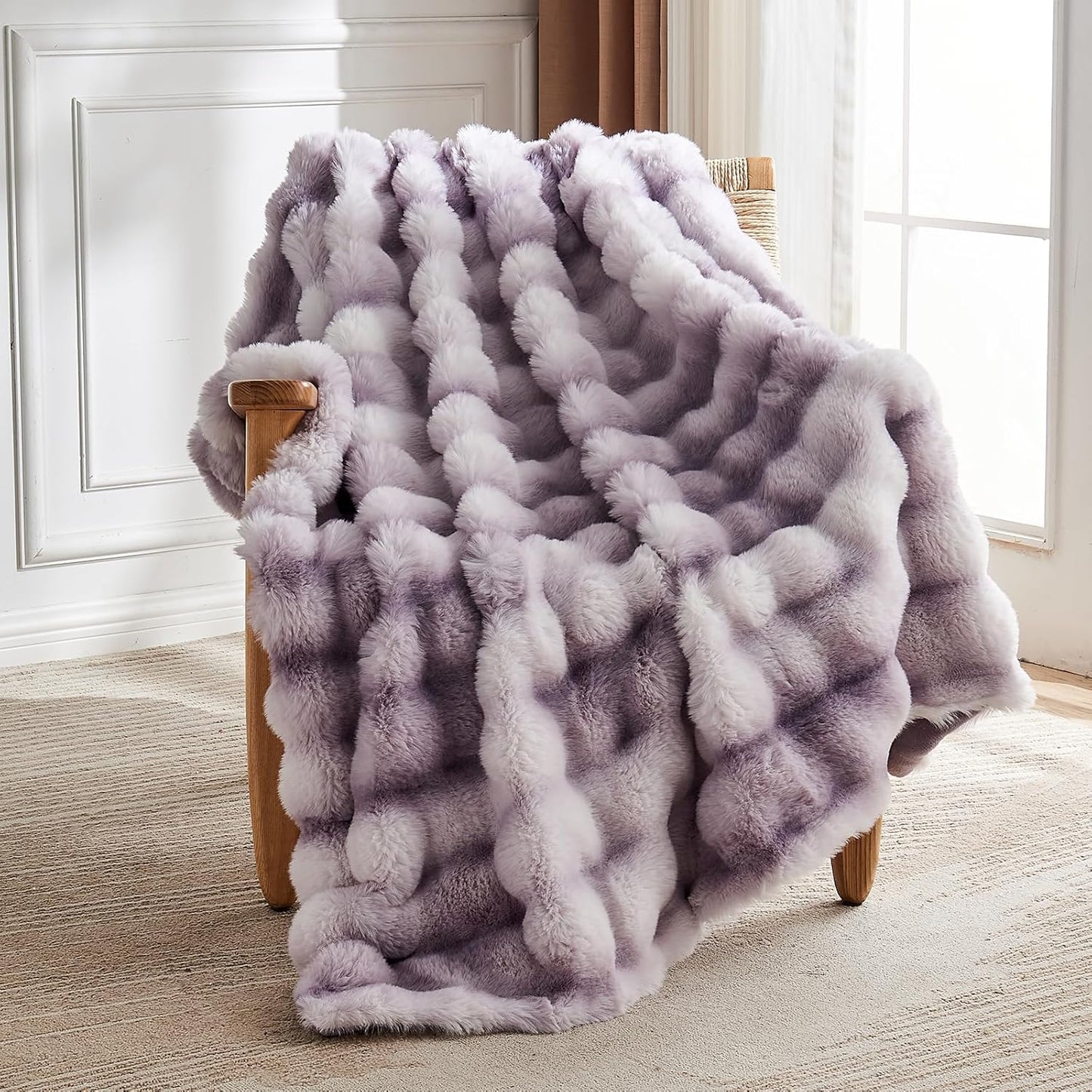 Lotus Karen Faux Fur Throw Blanket Tie-Dye Purple - Big Bubble Rabbit Fluff Blanket for Couch, Large Fluffy Fuzzy Cozy Blanket,Thick Furry Plush Shaggy Blankets,90x90 Inches