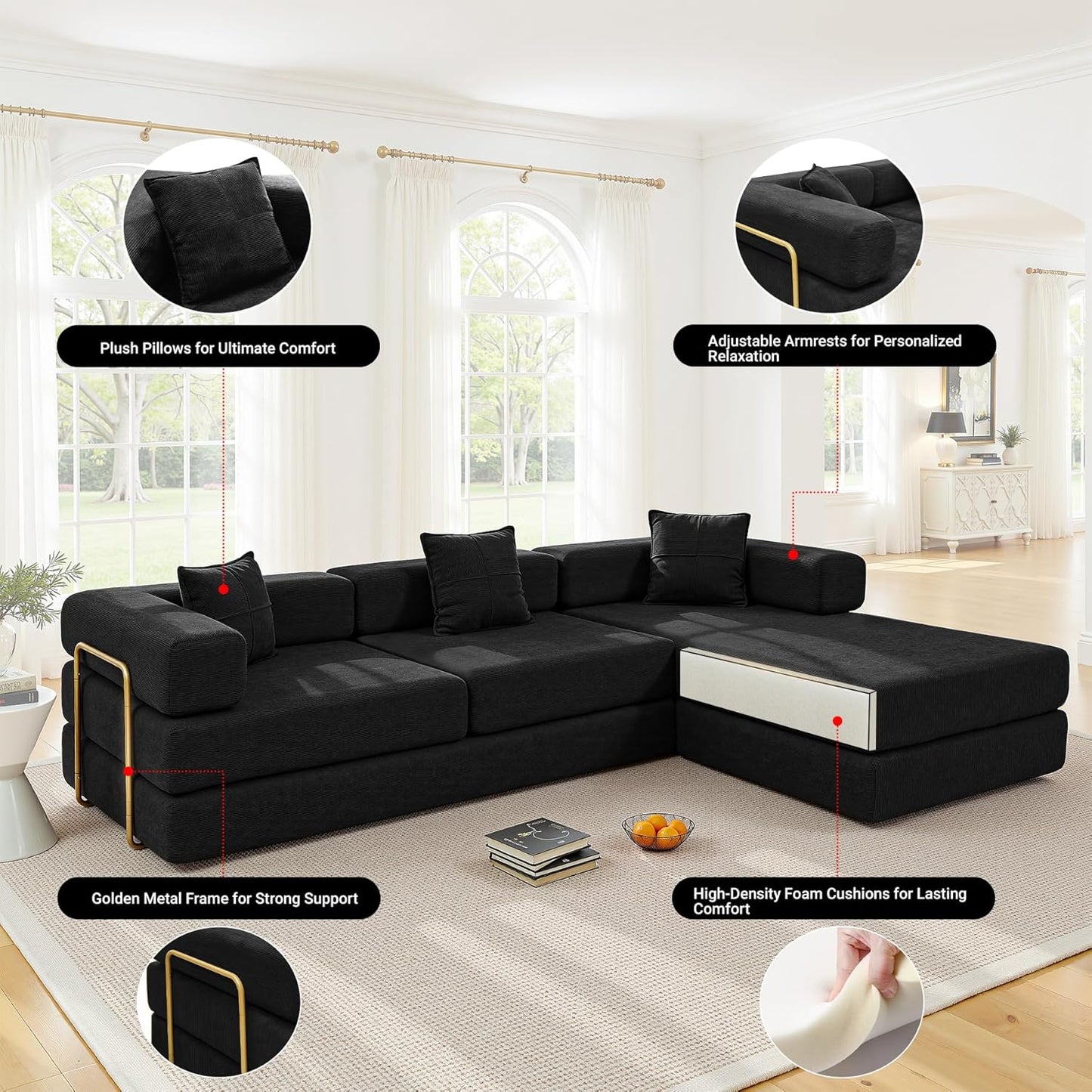 108" Oversized Convertible Sleeper Sofa Bed, Corduroy L Shape Sectional Couch, Folding Sofa Bed with Side Pocket, Modern Cloud Floor Mattress Couch, Modular Sofa for Living Room, Black