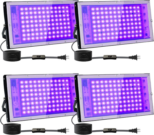4 Pack 100W UV Black Light, Black Lights for Glow Party, IP65 Waterproof, for Blac k Light Party, Stage Lighting, Halloween, Body Paint, Fluorescent Poster, Neon Glow