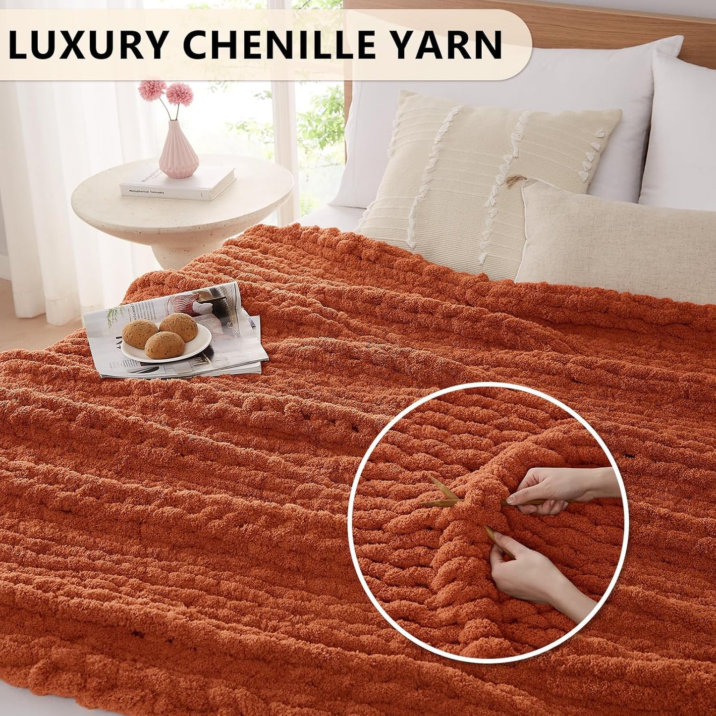 L'AGRATY Chunky Knit Blanket Throw: 60''x80'' Chenille Chunky Knitted Throw Blanket for Bed Couch - Handmade Thick Big Cable Knit Blanket - Large Crochet Rope Blanket for Home Decor(Rusty Orange)