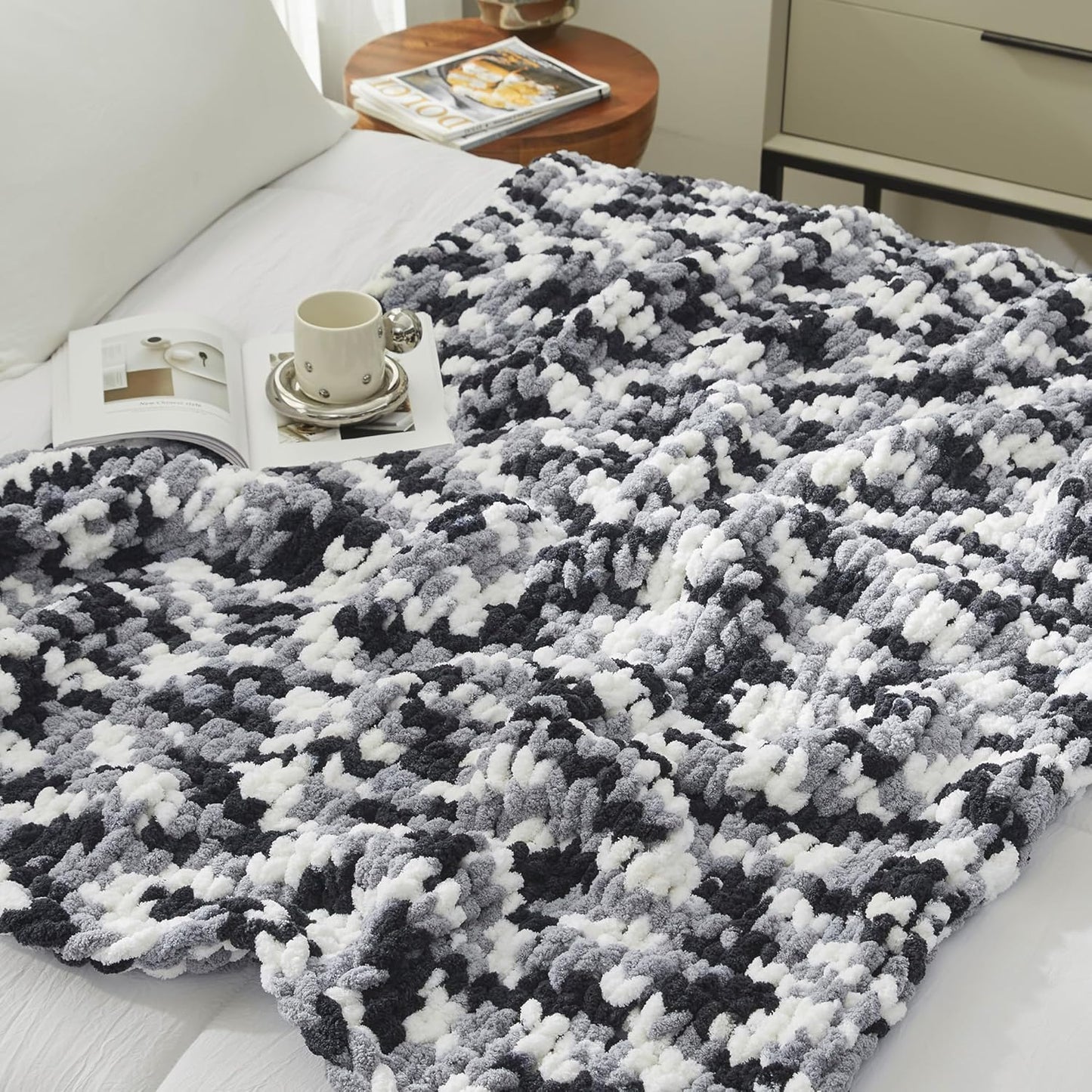 Amélie Home Chunky Knit Throw Blanket for Couch, Soft Chenille Crochet Blanket for Sofa, 50"x60", Space-Dyed Black