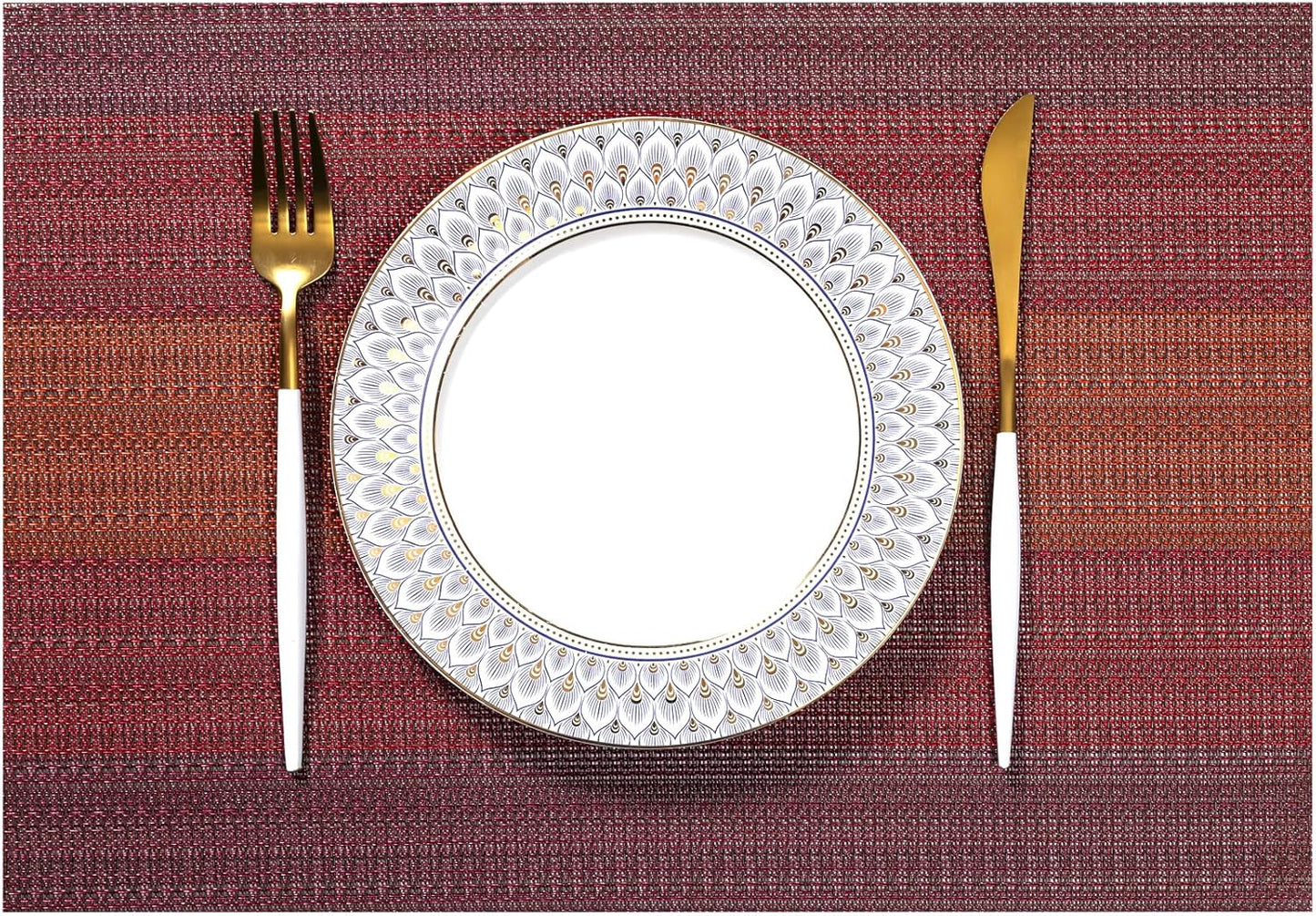 LEXMORE Placemats Set of 4 Vinyl/Plastic Woven Place Mats for Kitchen Table Indoor/Outdoor Washable Placemat Wipeable Dining Table Mats(Pomegranate Parade)