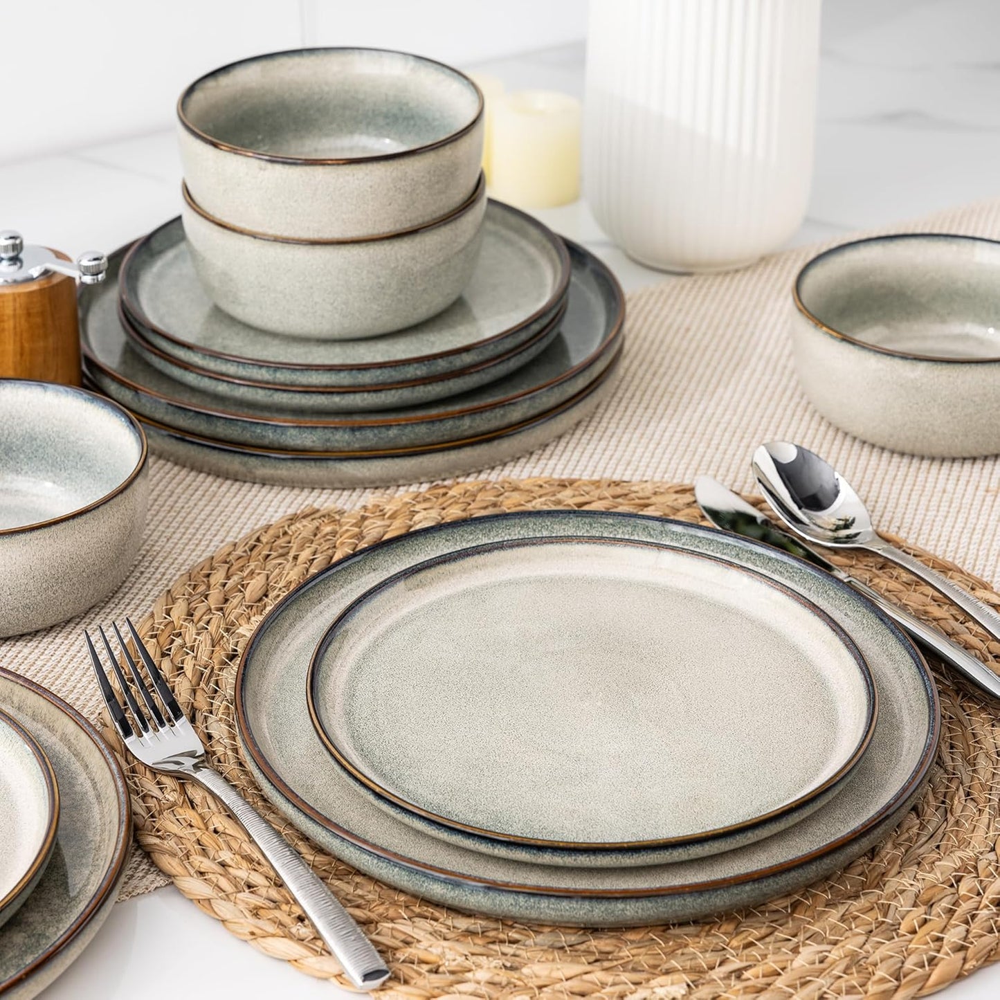 GBHOME Ceramic Dinnerware Sets for 12, 36 Pieces Stoneware Plates and Bowls Sets, Reactive Glaze Dishes -Scratch Resistant, Dishwasher&Microwave Safe, Green Wheat