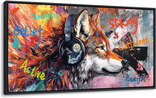 JEAWA Graffiti Canvas Wall Art - Modern Street Pop Art Wolf Funny Graffiti Framed Painting for Living Room Bedroom Bathroom Office Home Pictures Inspiring Decor Gifts for Boys 20x40 IN