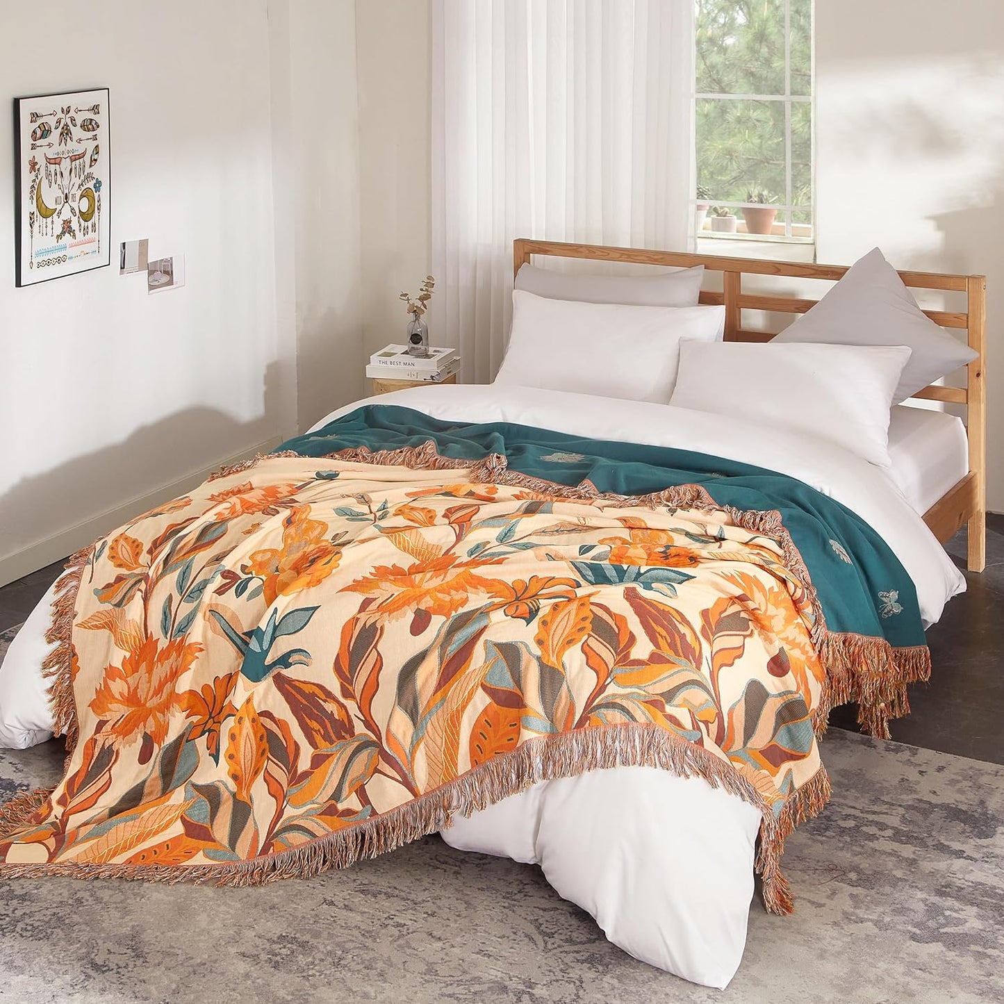 Boho Throw Blanket for Bed 60”x80”, 100% Cotton Woven Blanket for Couch Sofa, Ultra Soft 4-Layer Muslin Quilt with Floral Printed, Farmhouse Bed Blanket/Cover for Living Room Decor
