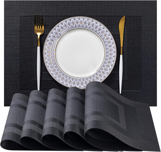 LEXMORE Placemats Set of 6 Vinyl/Plastic Woven Place Mats for Kitchen Table Indoor/Outdoor Washable Placemat Wipeable Dining Table Mats(Black Cube)