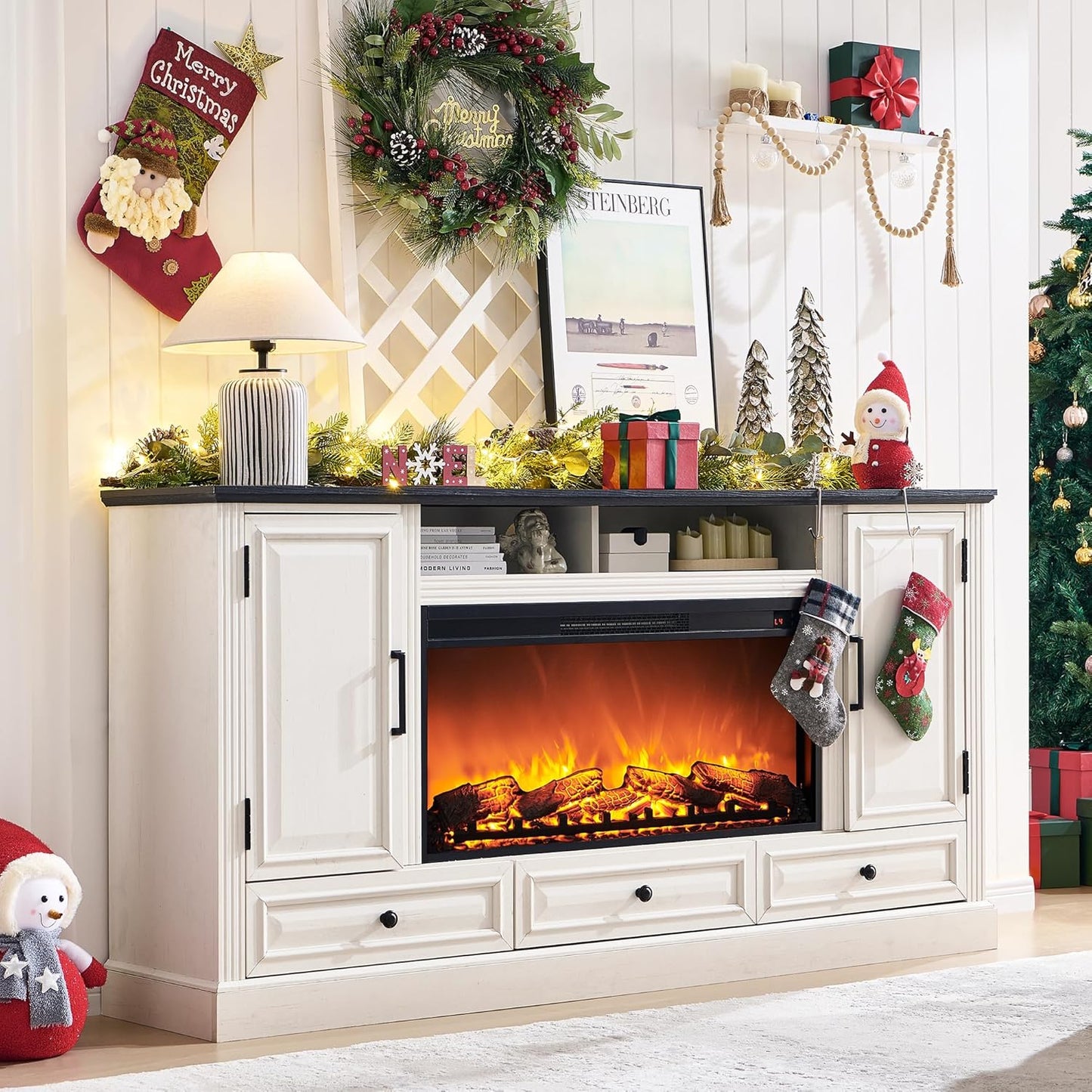Fireplace TV Stand for 80 Inch TV, 35.7" Tall Farmhouse Entertainment Center W/36'' Electric Fireplace, Media Console with Large Storage Cabinets and Drawers for Living Room, Antique White