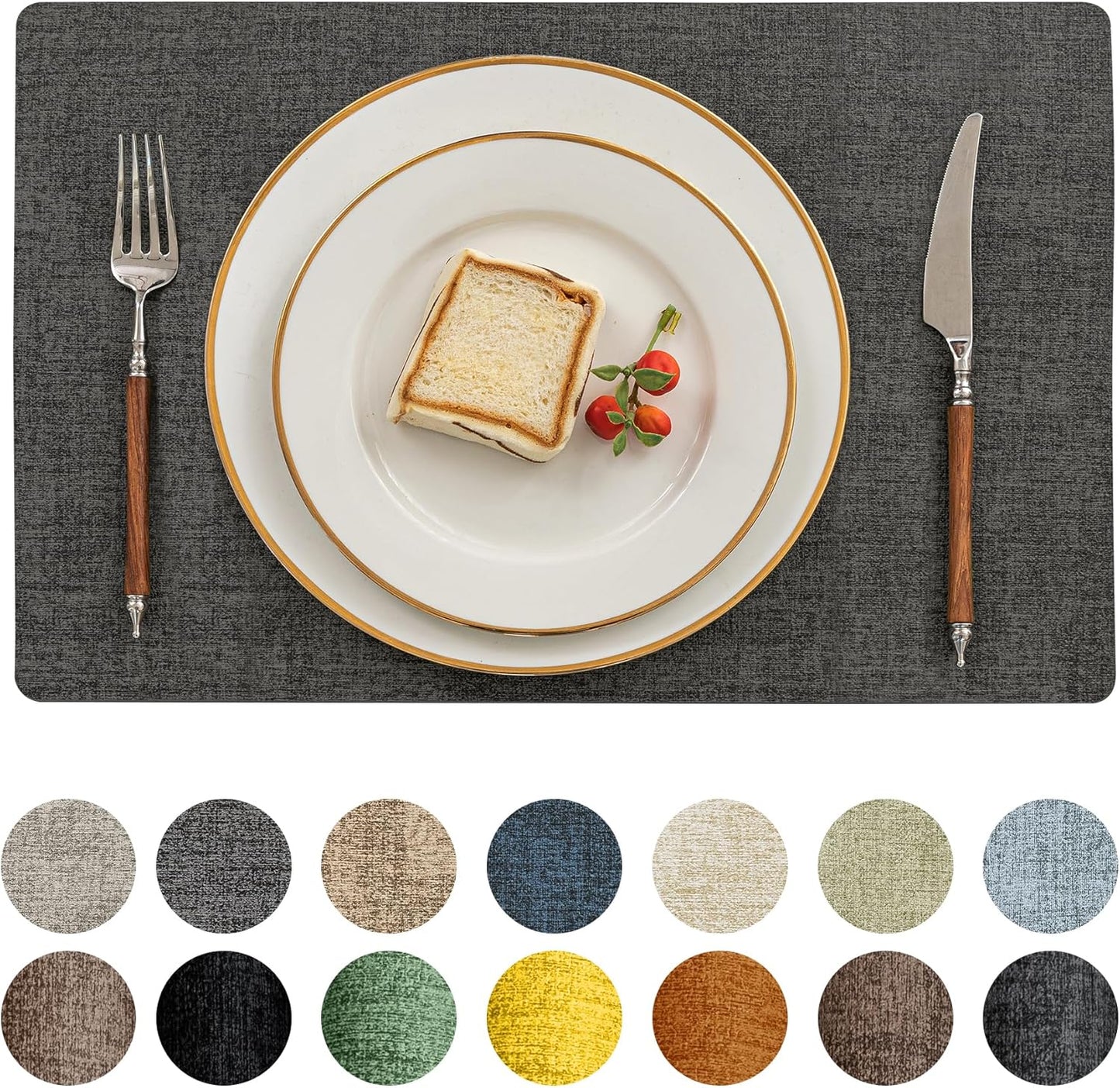 Romanstile Vinyl Placemats Set of 6-12 X 18 Inch - Heat Resistant Place Mats 100% Waterproof Oilproof Wipeable Reversible Faux Leather Table Mats for Kitchen/Dining/Party/Outdoor, Charcoal