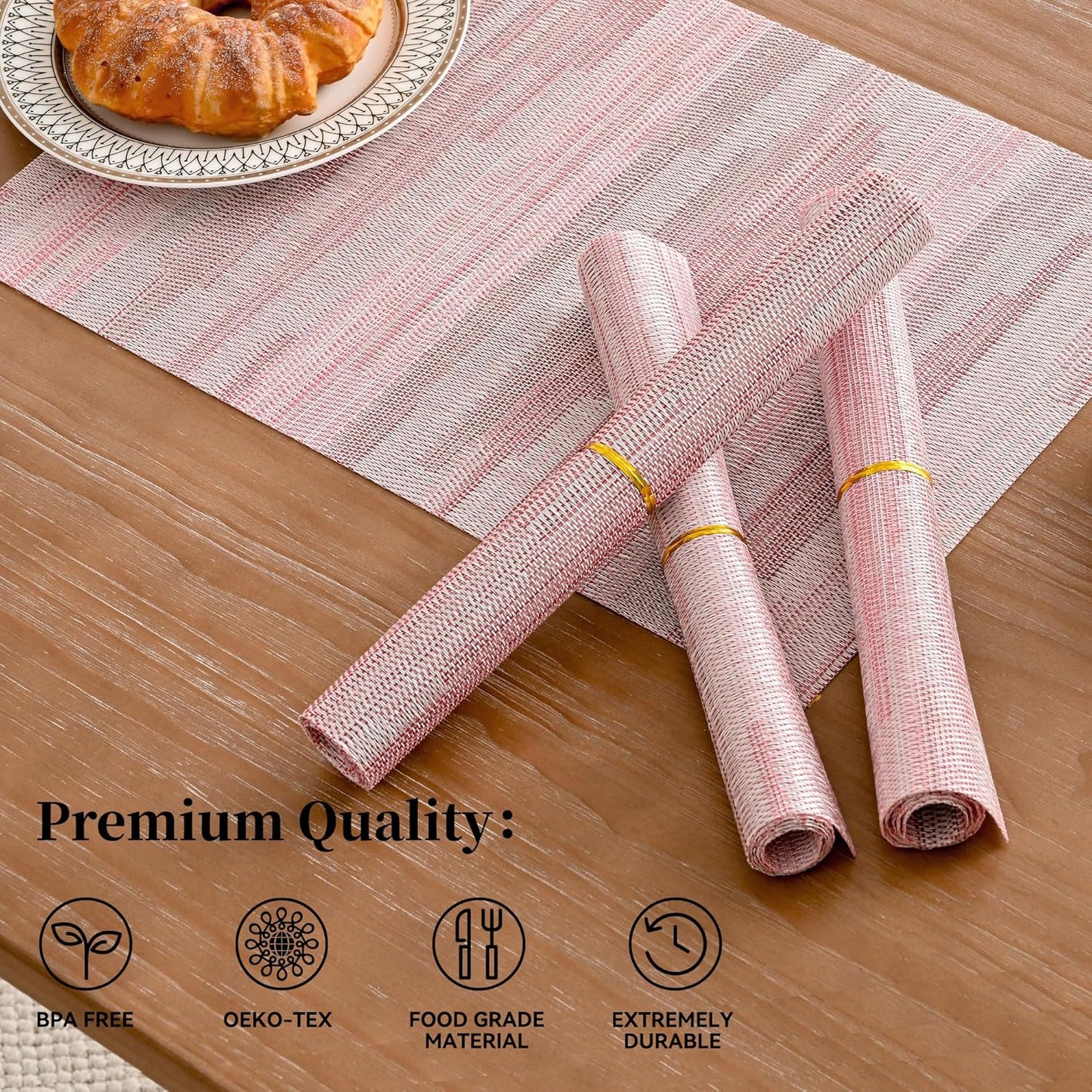 Leetaltree Misty Rose Placemats Set of 12 - Heat Resistant Non-Slip Place mats for Dining Table, Washable Durable PVC Vinyl Woven Table Mats（Misty Rose, 12）