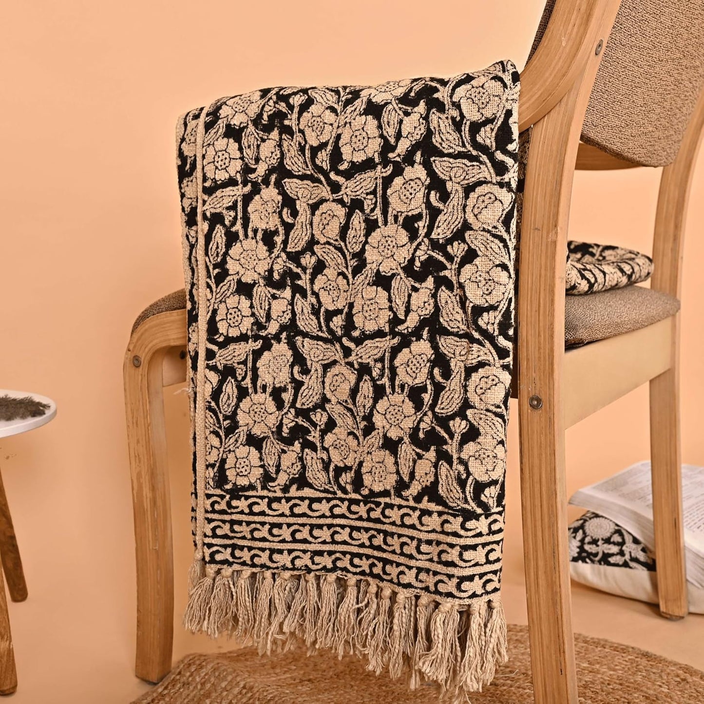 Handmade Cotton Throw Blanket 48x70 Inches | Black & Beige Floral Block Print Decorative Sofa Throw with Tassels | Large Lightweight Cotton Bedspread for Living Room, Couch, or Bedroom