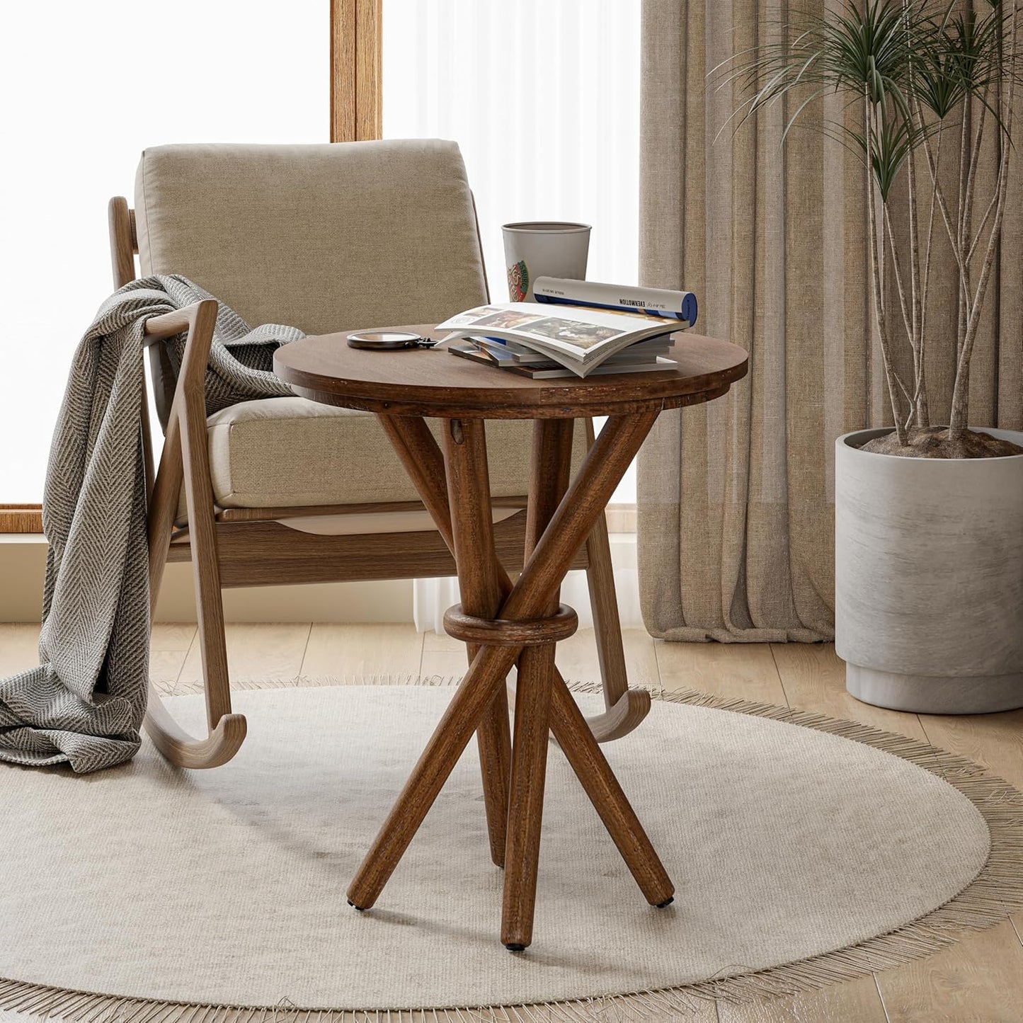 Round Wood End Table Farmhouse Wooden Side Table Rustic Plant Stand with Bundled Legs for Living Room, Office, Walnut