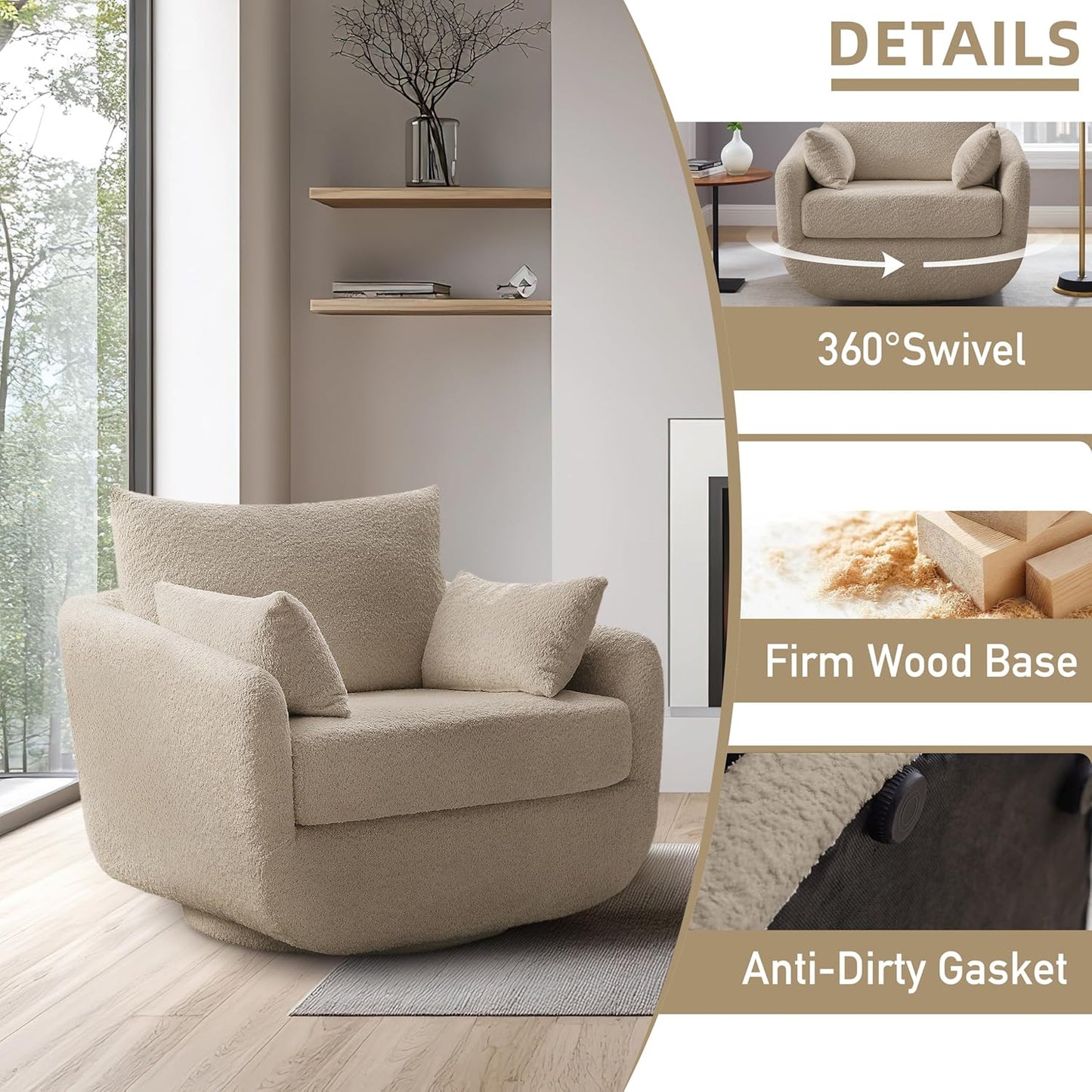 360° Swivel Accent Armchair Set of 2, 39.3" Oversized, Sherpa Boucle Fabric Sofa Chair with Removable Back & Arm Pillows, Swivel Chairs with Cozy Soft Padded, No Assembly Required, Camel