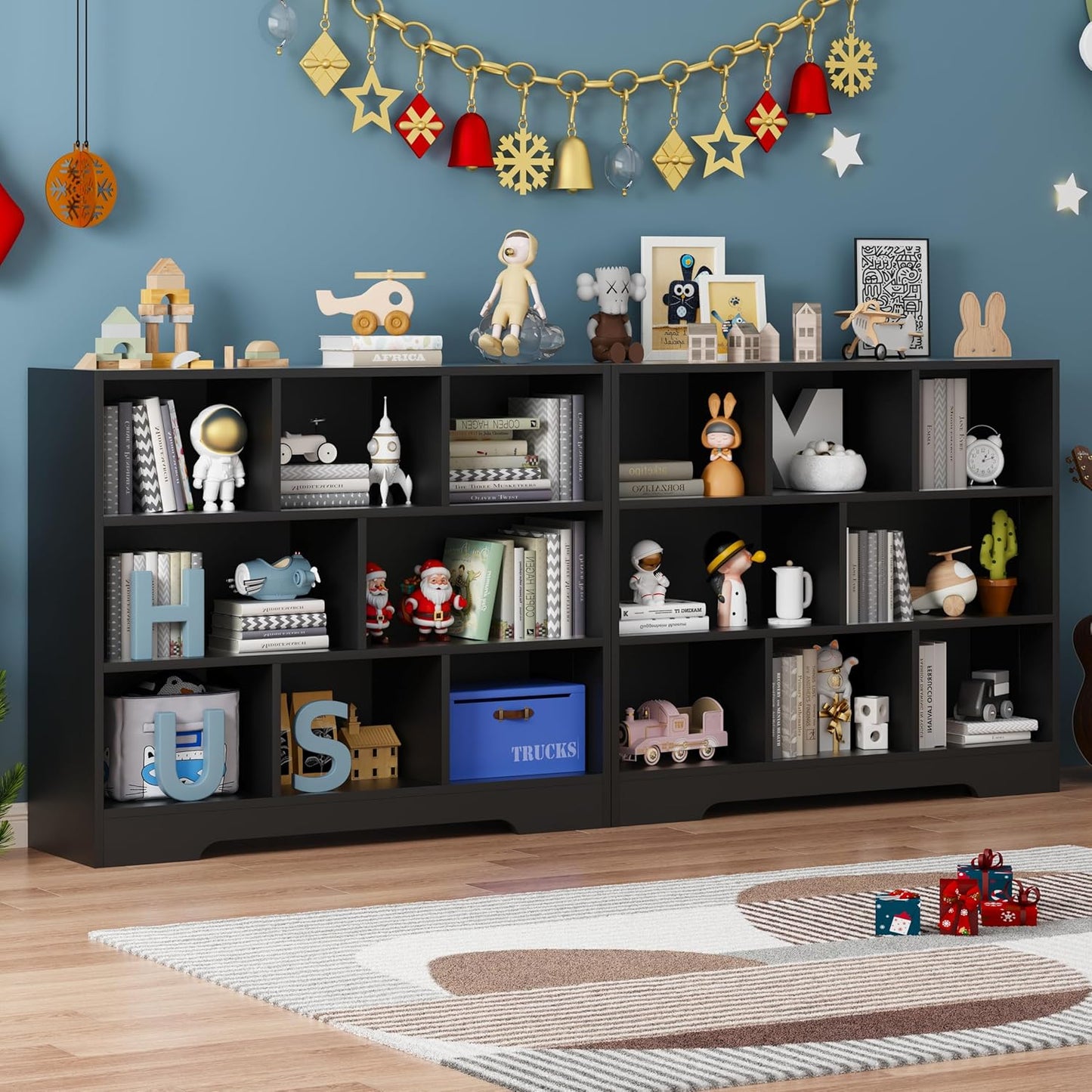 Book Shelf Set of 2, 8 Cubes Storage Organizer, 3-Tier Open Shelf Wooden Bookcase, Freestanding Balck Bookshelf Cube Shelf for Bedroom, Living Room, Home Office