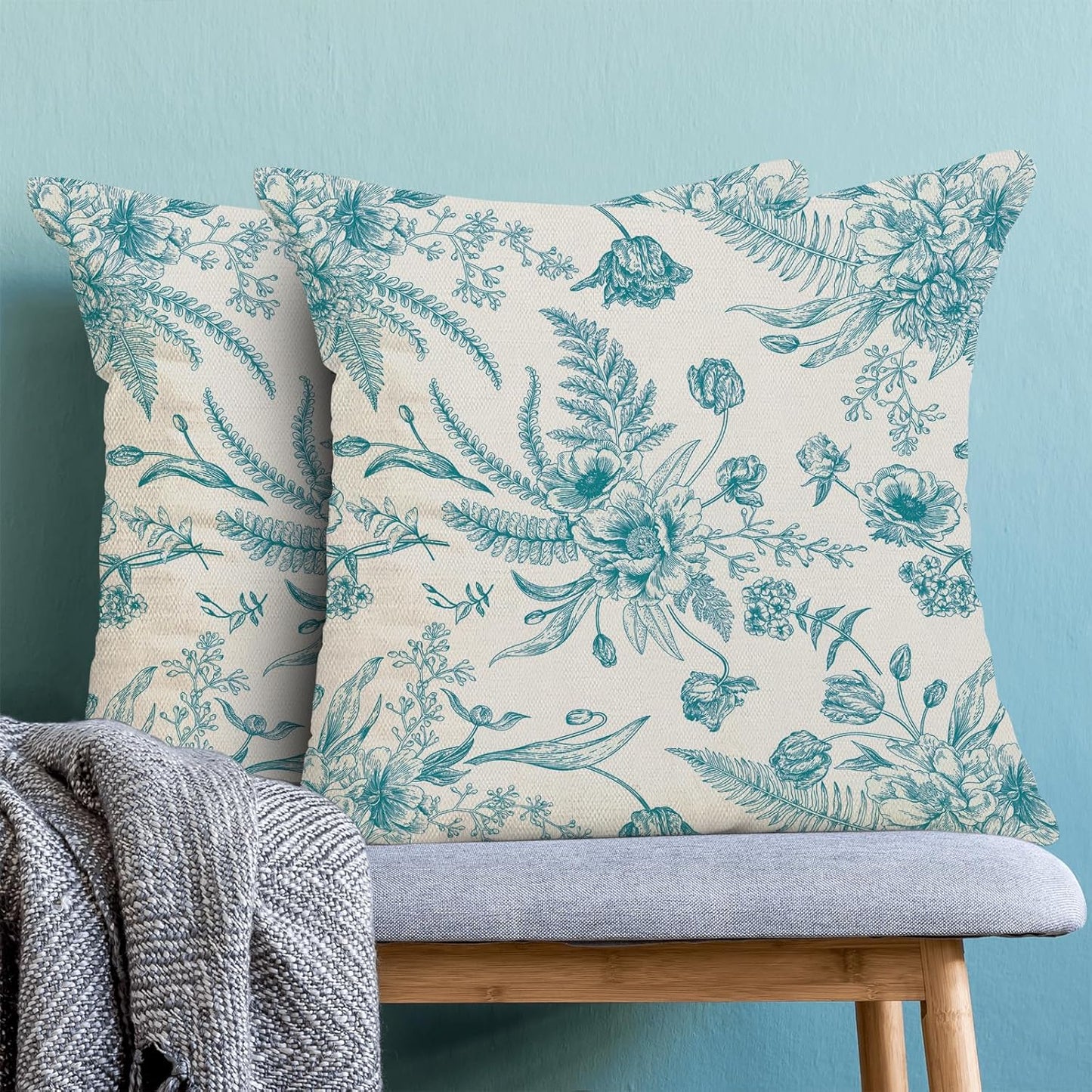 CXMEIFLY Aqua Teal Spring Pillow Covers 18 x 18 Inch Set of 2 for Chinoiserie Flowers Decor Throw Pillows Floral Leaves Seasonal Plant Outdoor Decorative Cushion Cases for Couch Bed Decorations