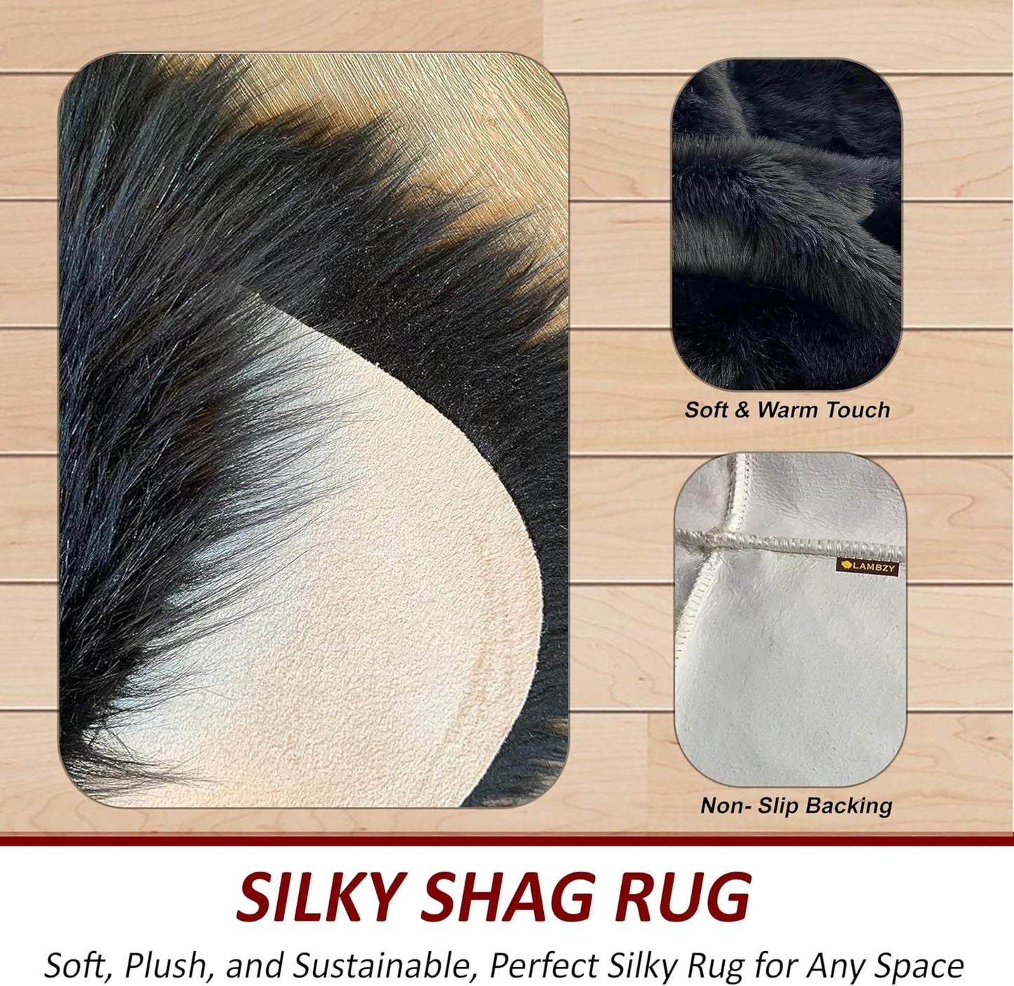LAMBZY Faux Sheepskin Super Soft Hypoallergenic Silky Shag Rug for Living Room, Kids Room, Sofa (Quarto 4 Pelts 4'x6', Black)