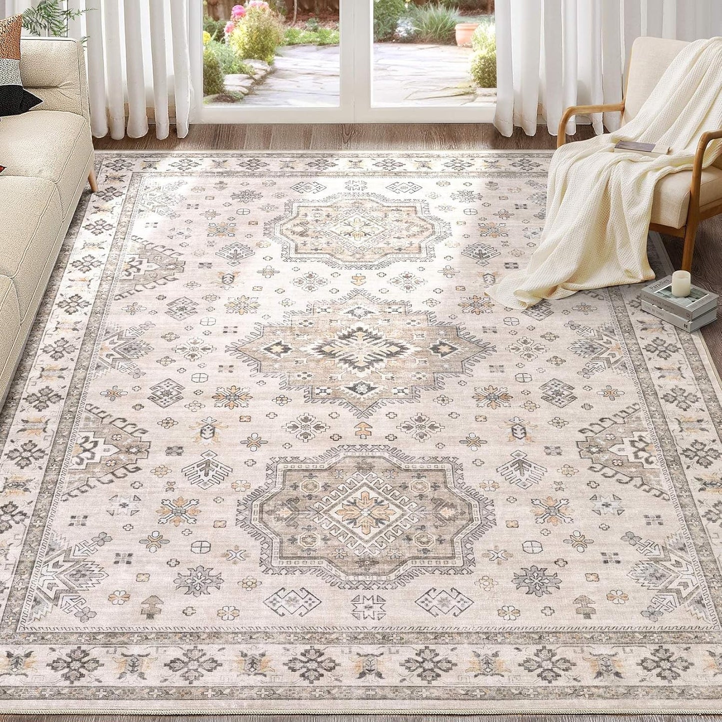 Washable Area Rugs for Living Room -10x12 Neutral Vintage Distressed Floral Farmhouse Boho Large Soft Floor Rug Indoor Non Slip Carpet for Living Room Bedroom Dining Room Office-Beige Brown