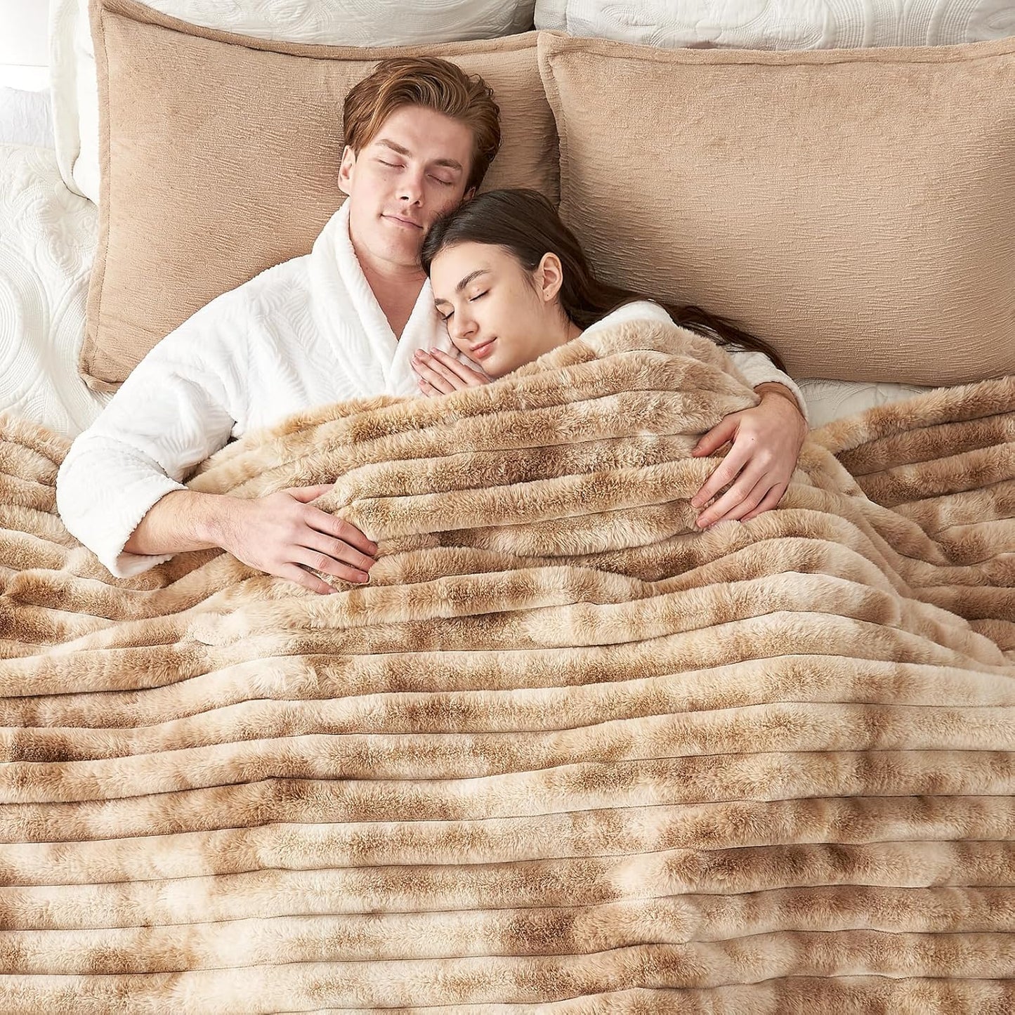 Cozy Bliss Faux Fur Throw Blanket for Couch, Cozy Warm Plush Striped Blanket for Sofa Bedroom Living Room, 50 * 60 Inches Tie-dye Kahki