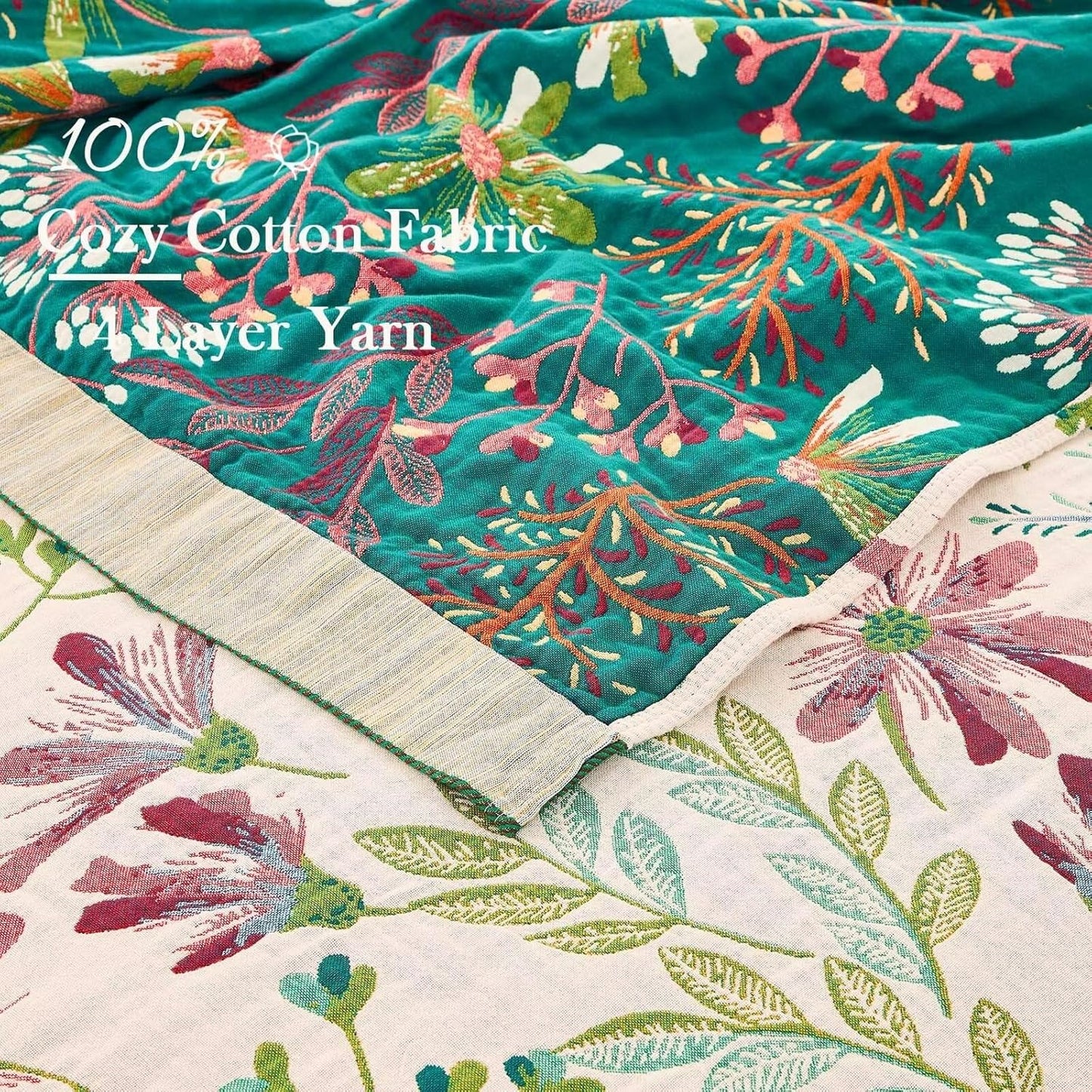 Boho Throw Blanket for Bed, 100% Cotton Soft Rustic Quilt Fall Blanket, 90"x98" Floral Printed Farmhouse Decor Bed Blankets, All Season Rustic Reversible Bohemian Throw Quilt