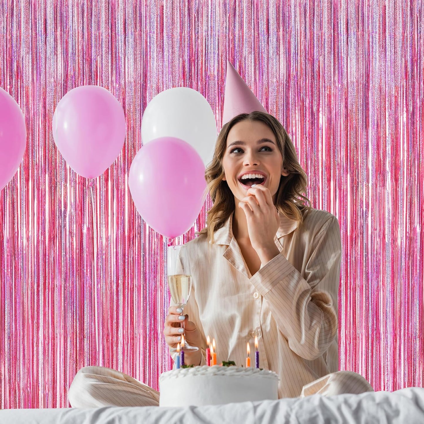 8 Pack Pink Backdrop, 3.28 FT x 7.05 FT Fringe Curtains, Metallic Glitter Pink Fringe Party Streamer Foil Curtains Tinsel Backdrop, Pink Decorations Bachelorette Party Supplies Birthday Decor