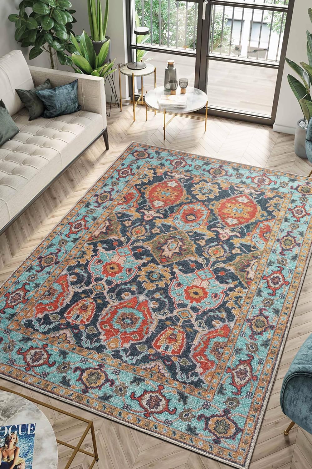 Keen Home Design 5x7 Rug - Machine Washable Area Rug with Non-Slip Backing, Ideal for Living Room, Dining Room, Bedroom - Vintage, Easy Clean, Durable, Low Pile Rug - (5' x 7')