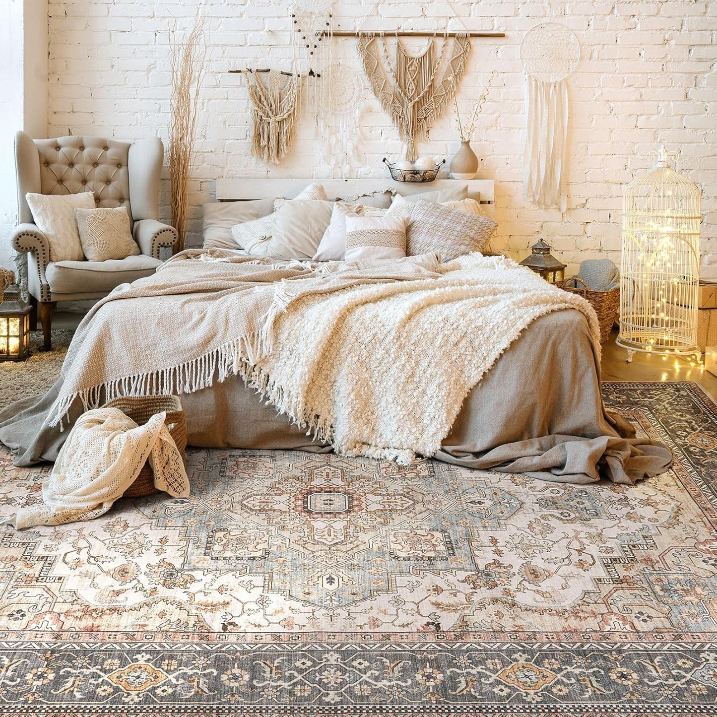 Washable Area Rugs for Living Room - 5x7 Neutral Vintage Distressed Floral Farmhouse Boho Large Soft Floor Rug Indoor Non Slip Carpet for Bedroom Dining Room Office - Forest Green Orange