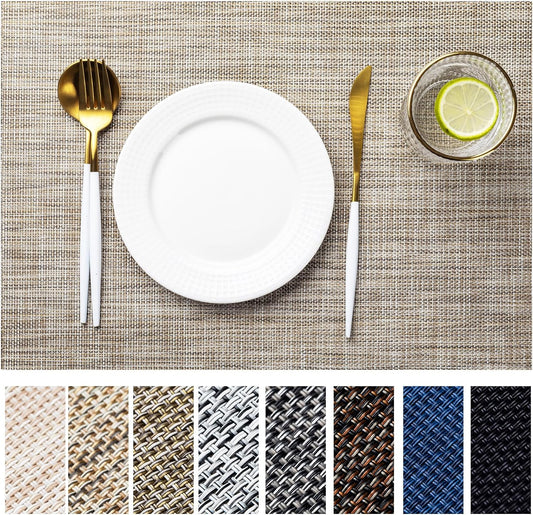 LEXMORE Placemats Set of 6 Vinyl/Plastic Woven Place Mats for Kitchen Table Indoor/Outdoor Washable Placemat Wipeable Dining Table Mats(Caramel)