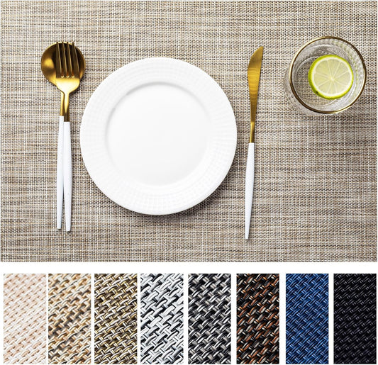 LEXMORE PlaceMats Set of 12 Vinyl/Plastic Woven Place Mats for Kitchen Table Indoor/Outdoor Washable PlaceMat Wipeable Dining Table Mats(Caramel)