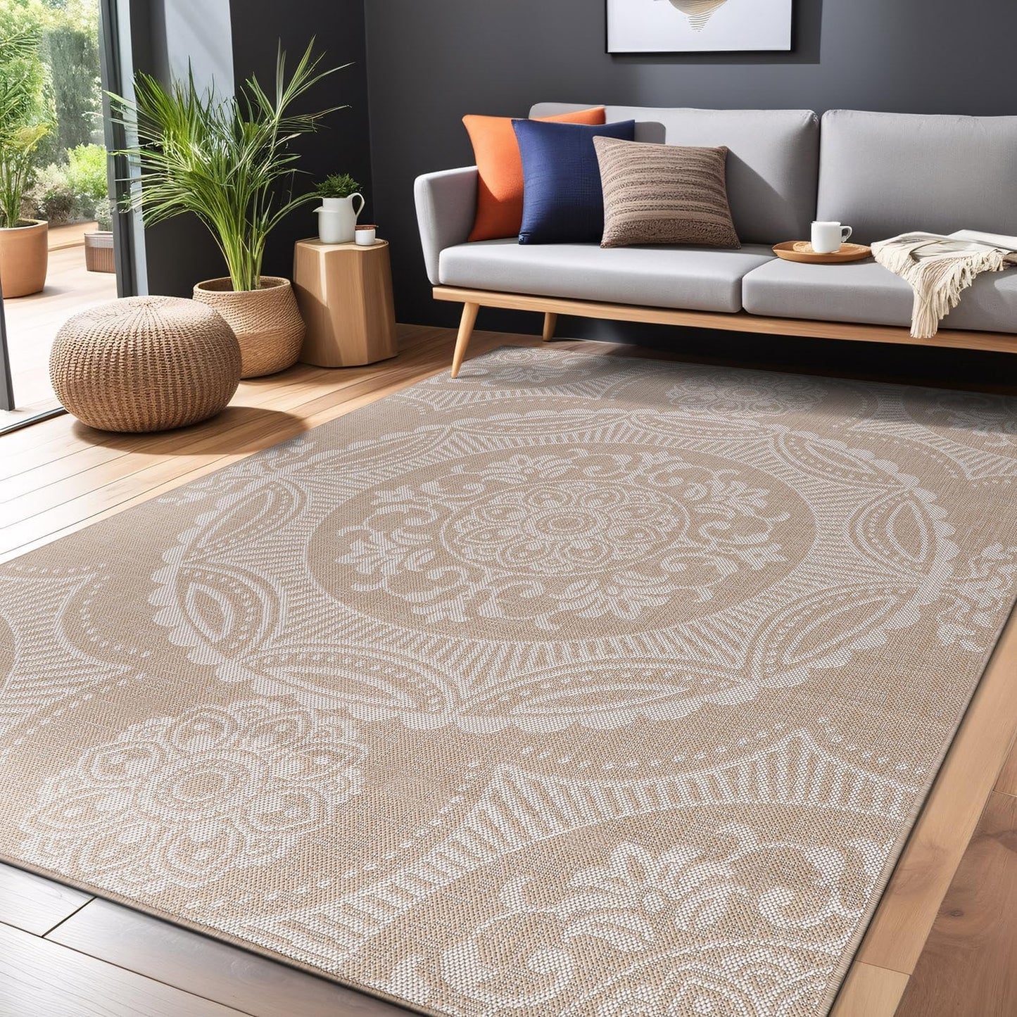 Medallion Outdoor Rug 8x10 Washable Outside Carpet for Indoor Patio Porch Waterproof Easy Cleaning Non Shedding Area Rugs Beige 8 x 10