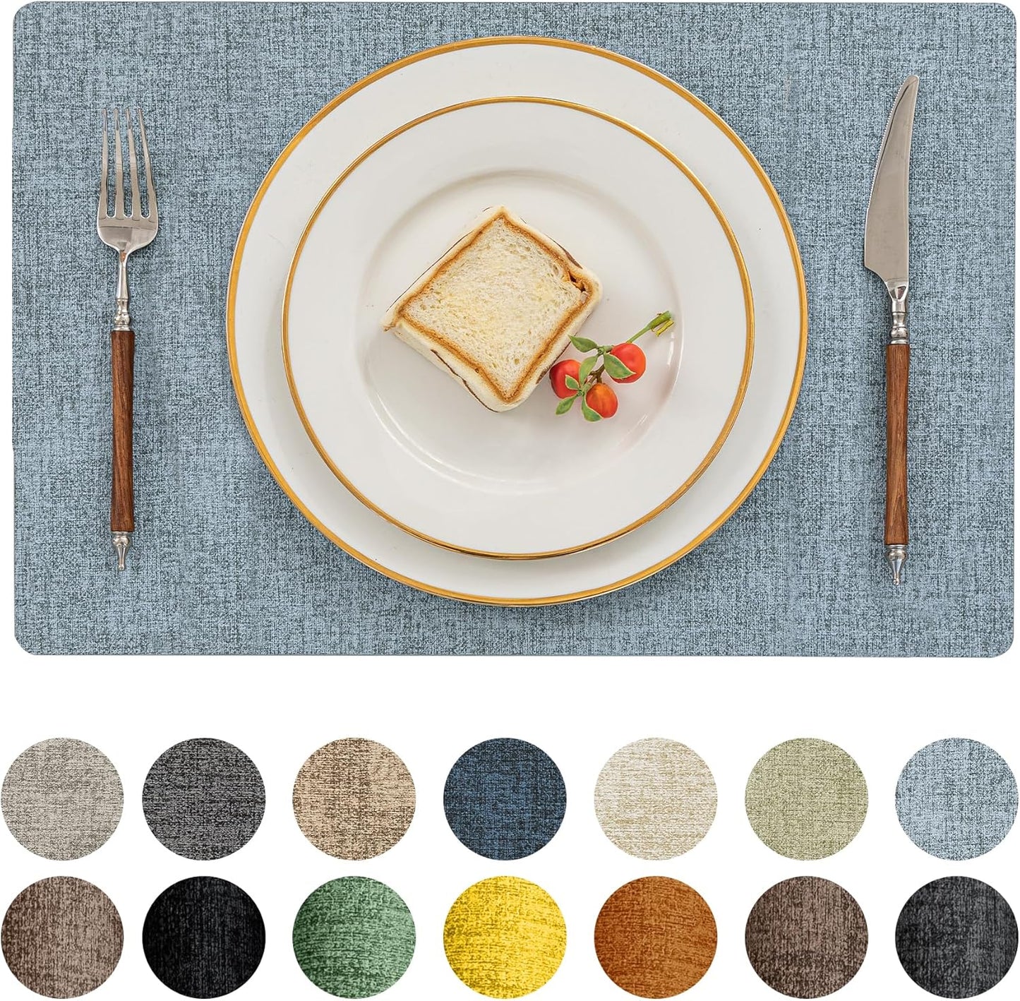 Romanstile Vinyl Placemats Set of 6-12 X 18 Inch - Heat Resistant Place Mats 100% Waterproof Oilproof Wipeable Reversible Faux Leather Table Mats for Kitchen/Dining/Party/Outdoor, Sky Blue