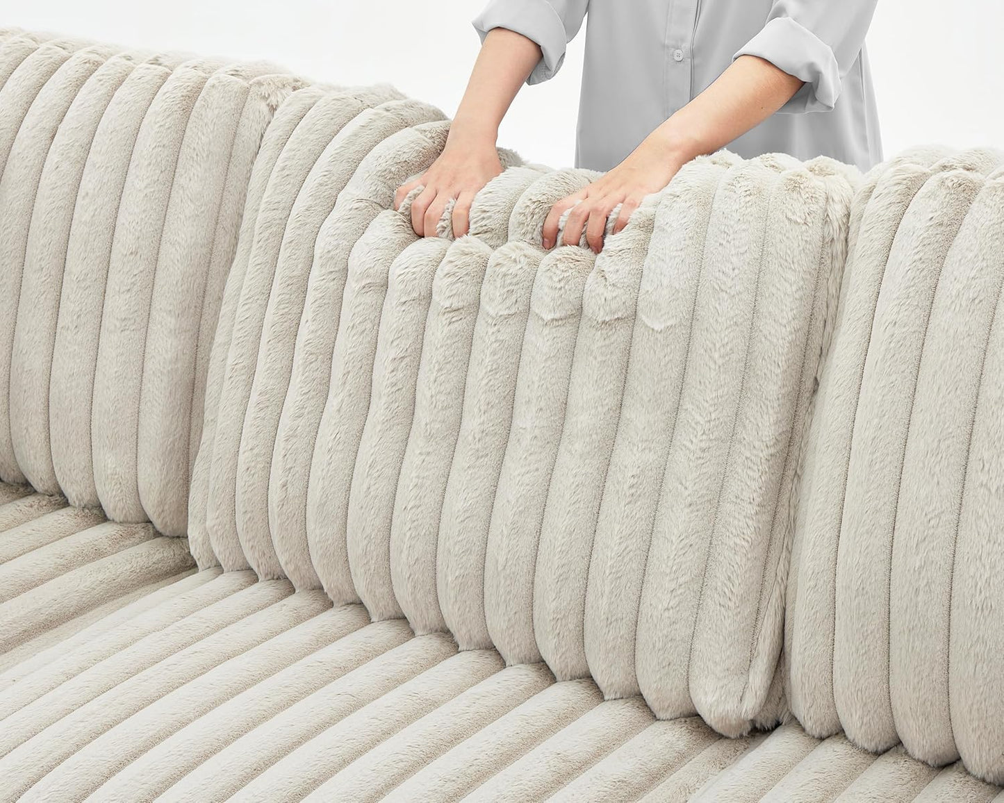 THSUPER Oversized U Shaped Plush Corduroy Fluffy Sectional Sleeper Sofa with Pull Out Bed and Double Storage Chaise for Living Room - Beige